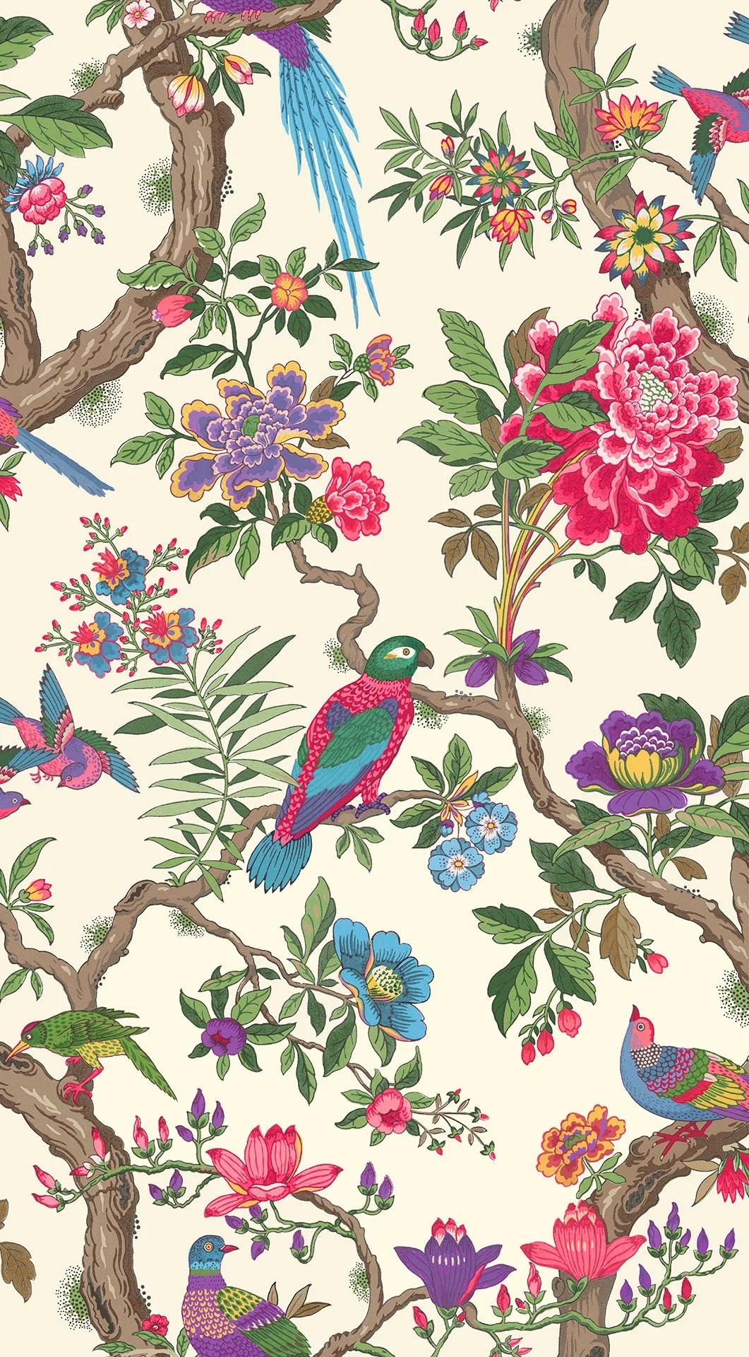 Wallpaper with a plant and animal motif of birds FOLIE - Fontainebleau cream