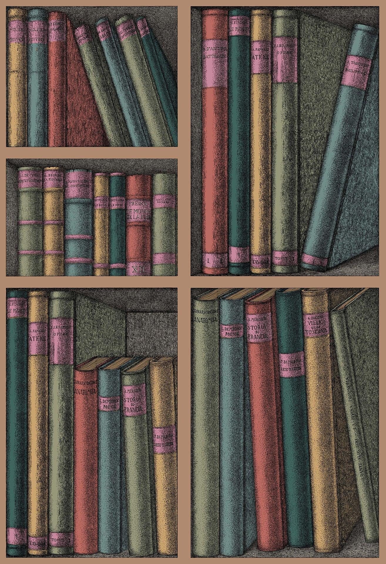 Tapeta s motívom knižnice a kníh FORNASETTI - Ex Libris viacfarebný