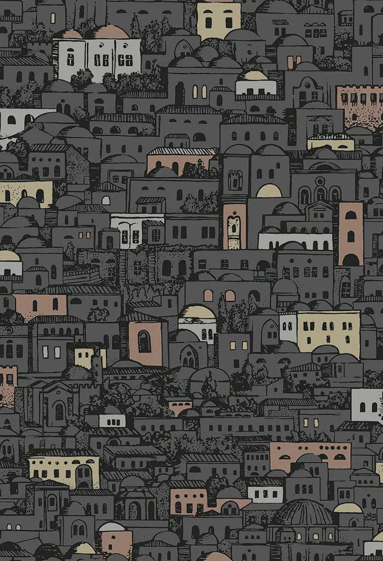 Wallpaper with a cityscape and buildings FORNASETTI - Mediterranea dark gray