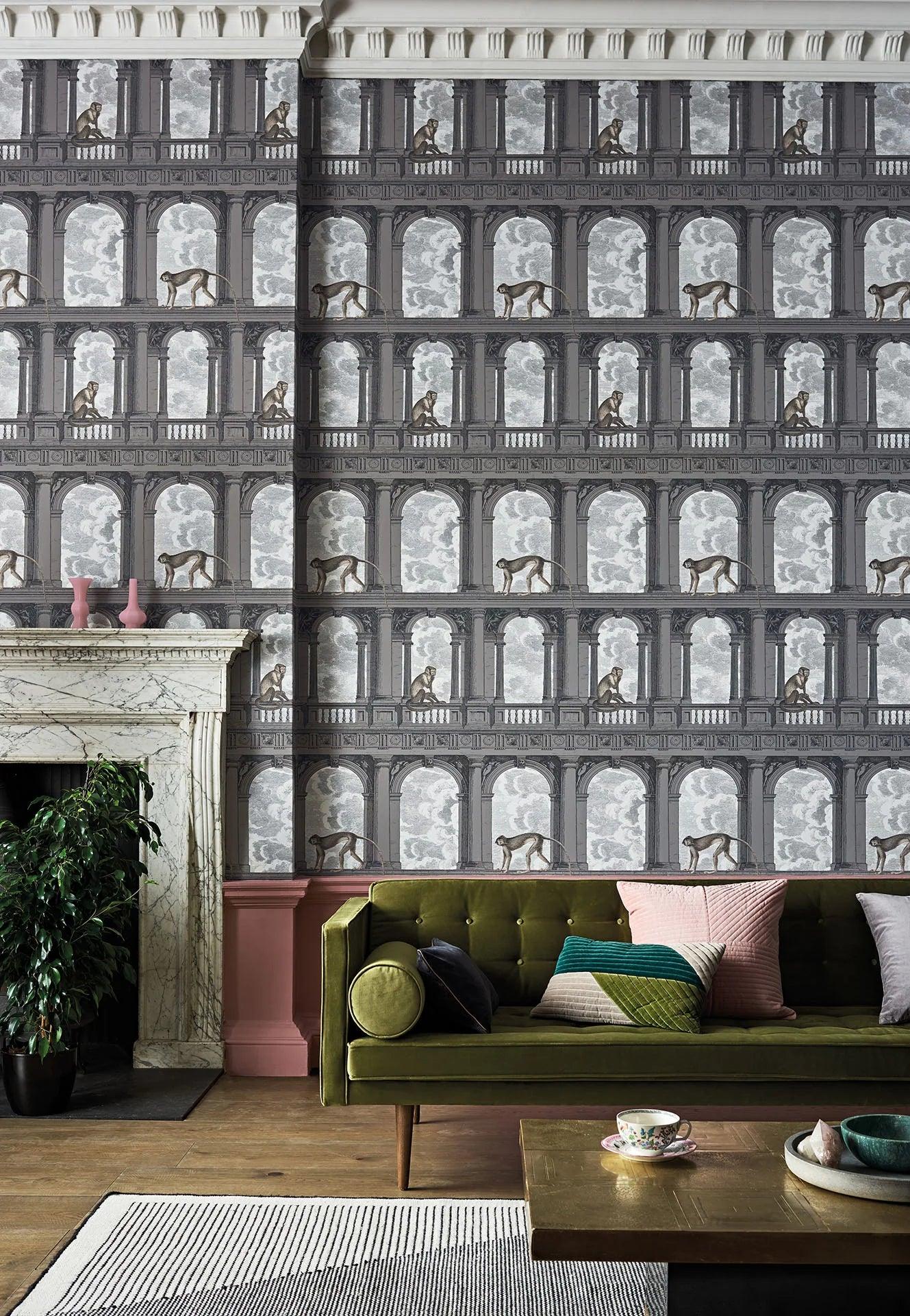 Wallpaper with a monkey and building animal motif FORNASETTI - Procuratie with a blue view