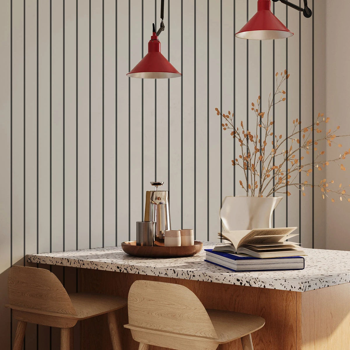 Non-woven striped wallpaper MINIMAL STRIPE beige with graphite