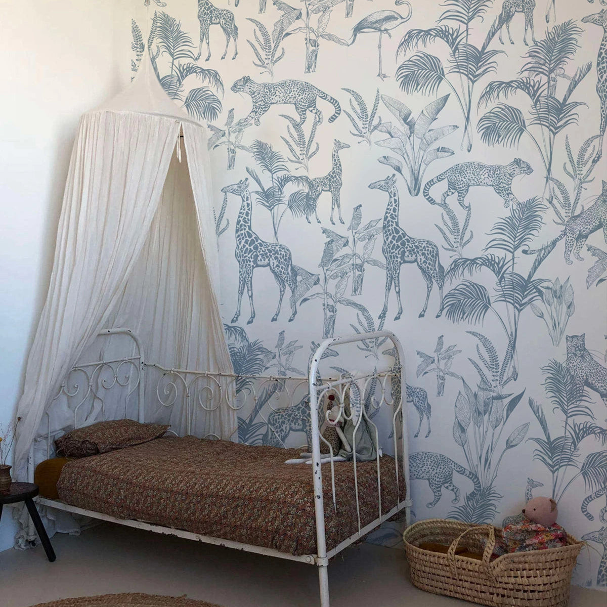 Safari Blue Animal Print Wallpaper in Light Blue with White
