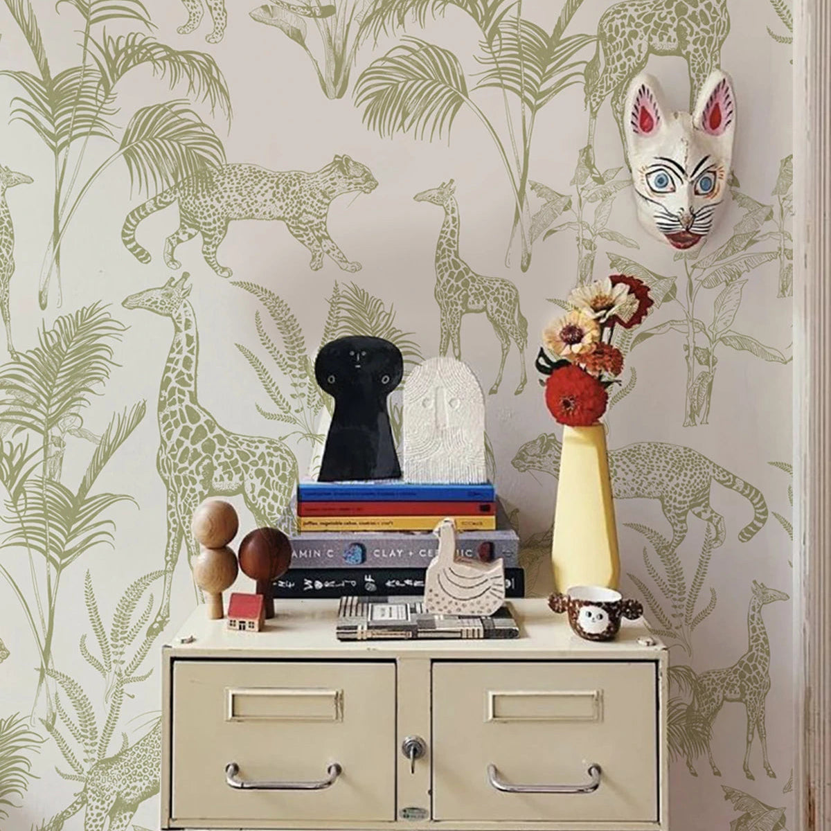 Safari Green Animal Pattern Wallpaper Beige with Green