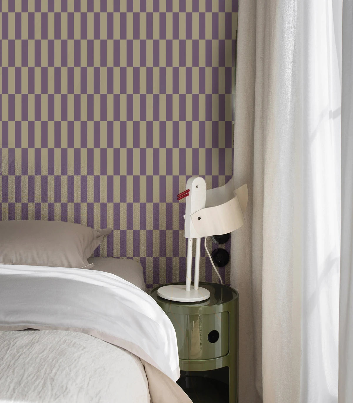Non-woven wallpaper with geometric pattern TETRIS STRIPE purple