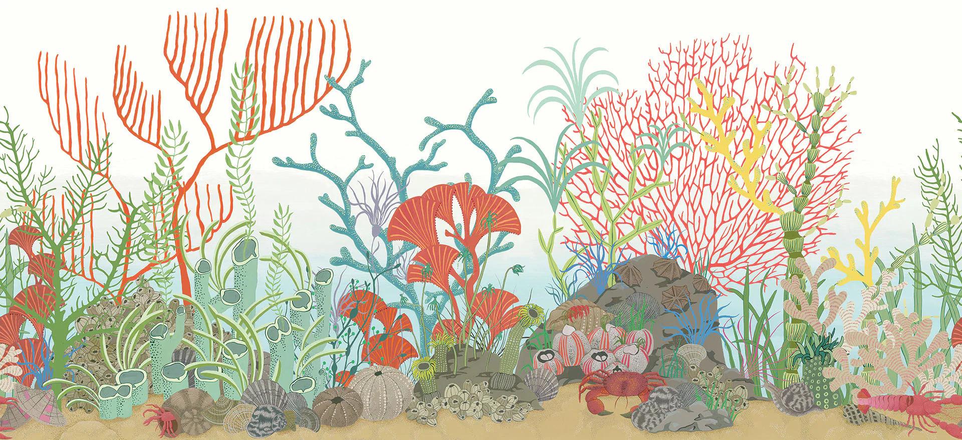 Tapetový pás s námorným motívom koralov WHIMSICAL - Archipelago Pás modrý s červenou