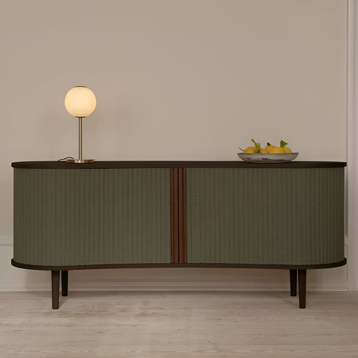 Komoda RTV AUDACIOUS zelená s tmavým dubovým podstavcom