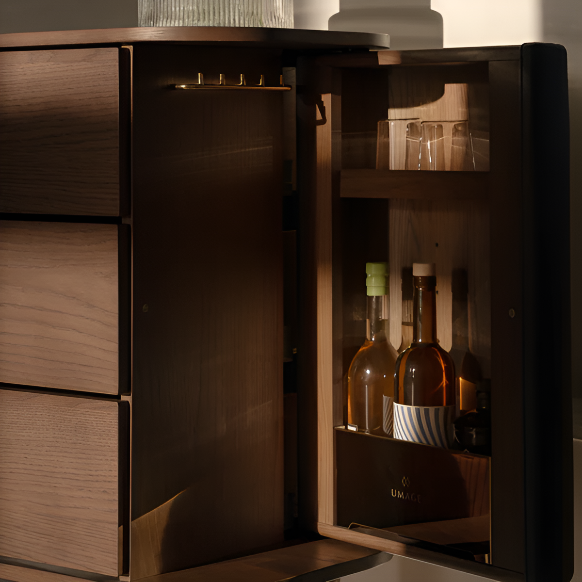 TREASURES cabinet in sandy color with a dark oak base