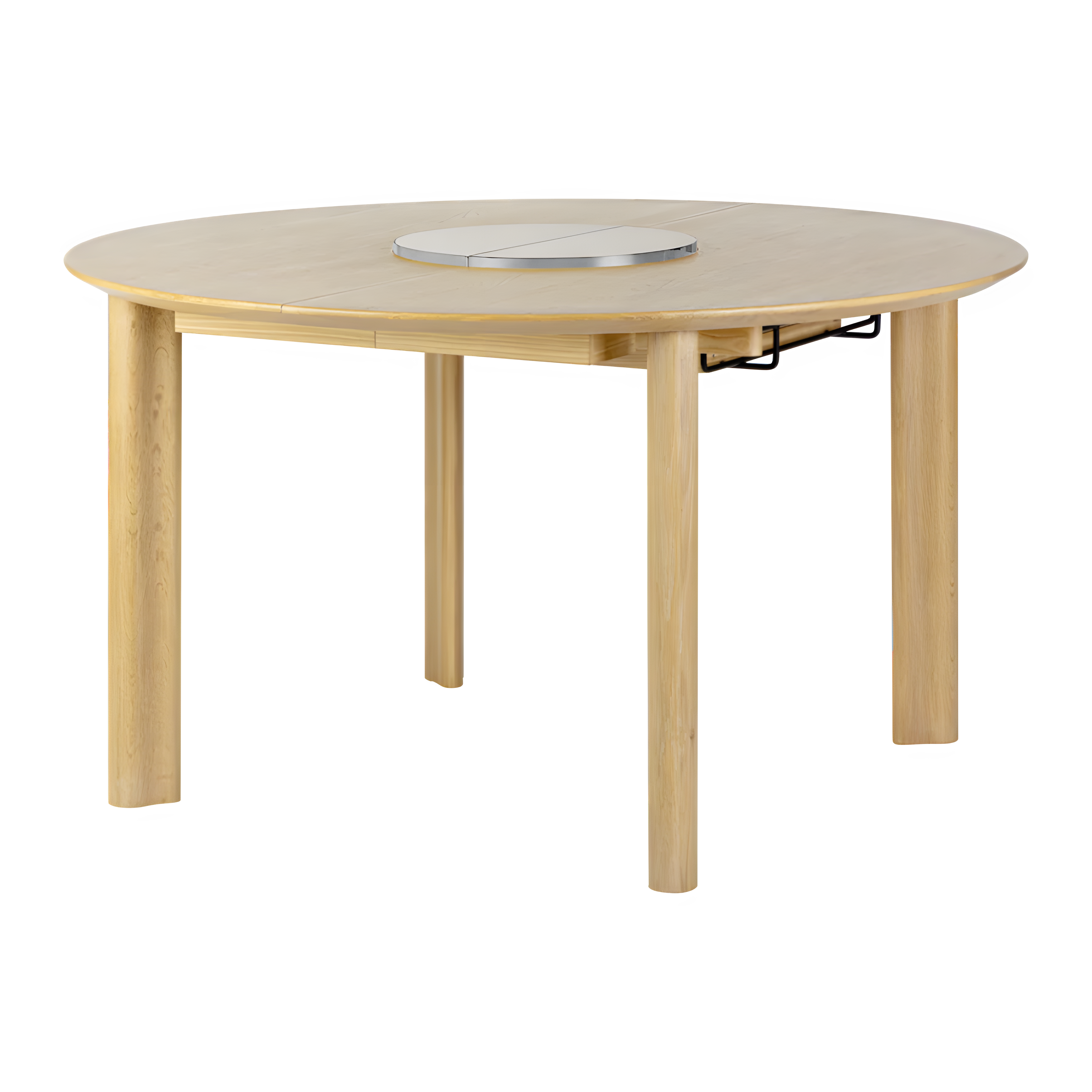 COMFORT CIRCLE round extendable table made of oak with a white steel base