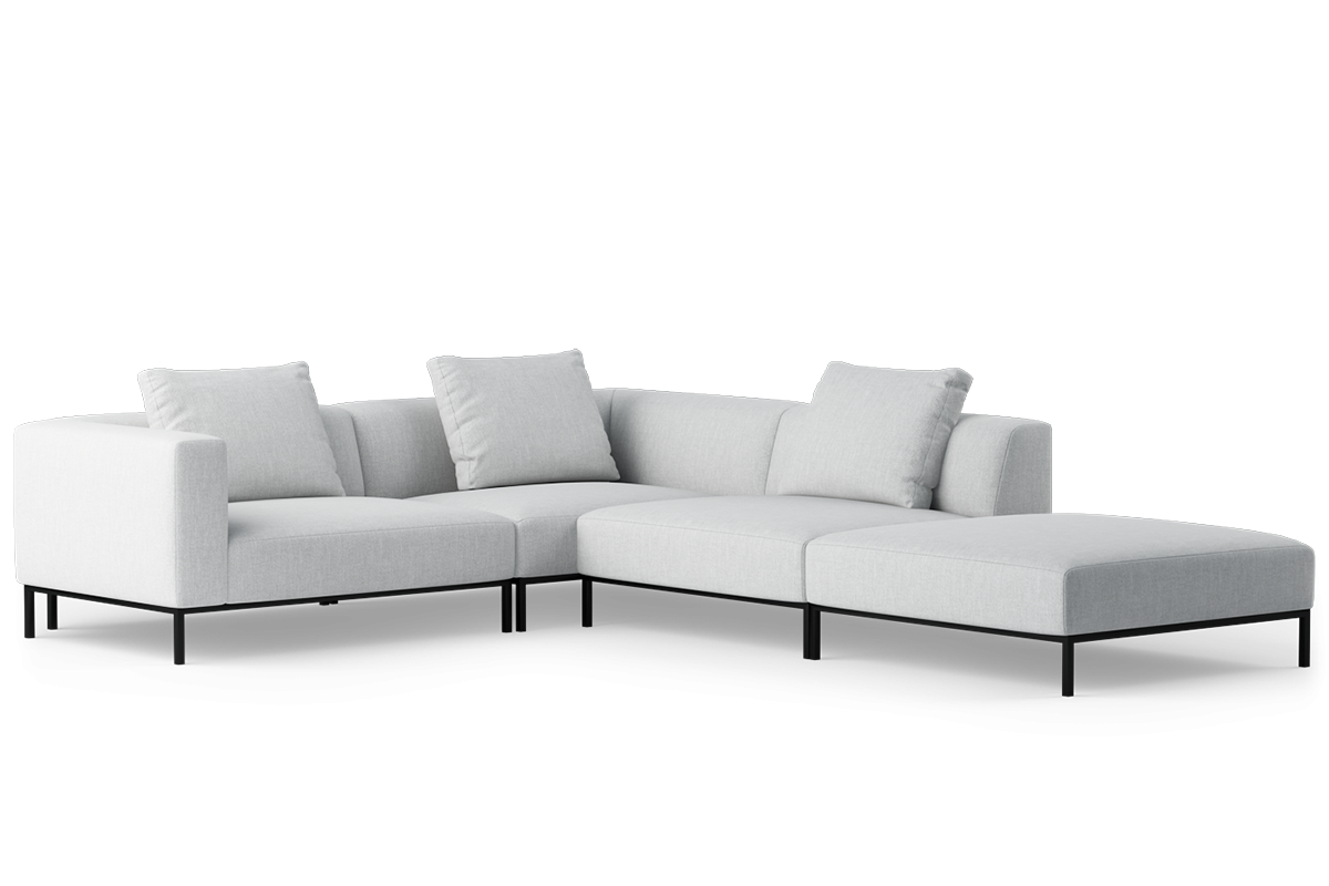 Modulárny otvorený pravý rohový gauč HOLDEN čalúnený s čiernym podstavcom