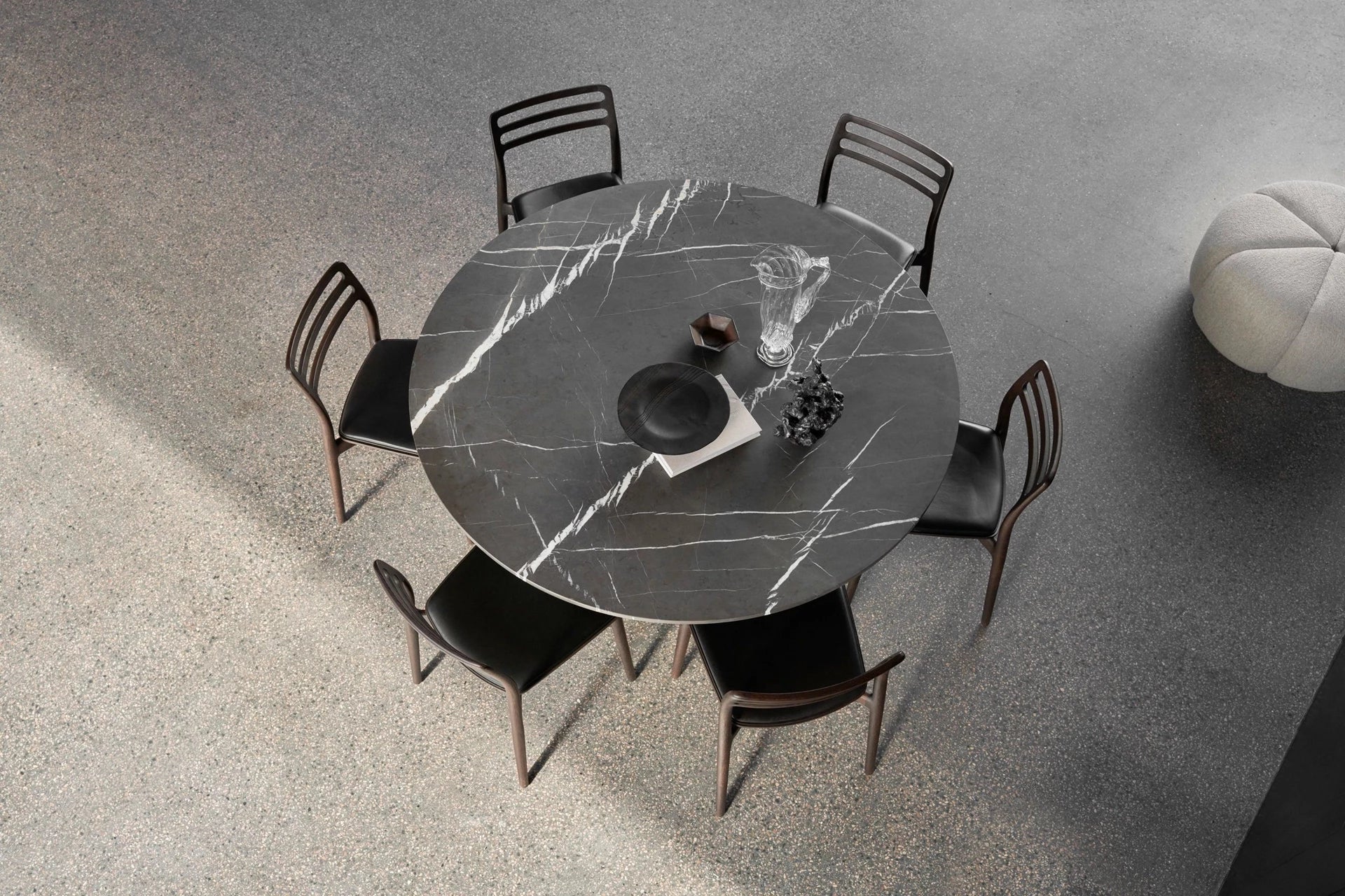 Round Table CABIN Gray Marble Top with Light Oak Base