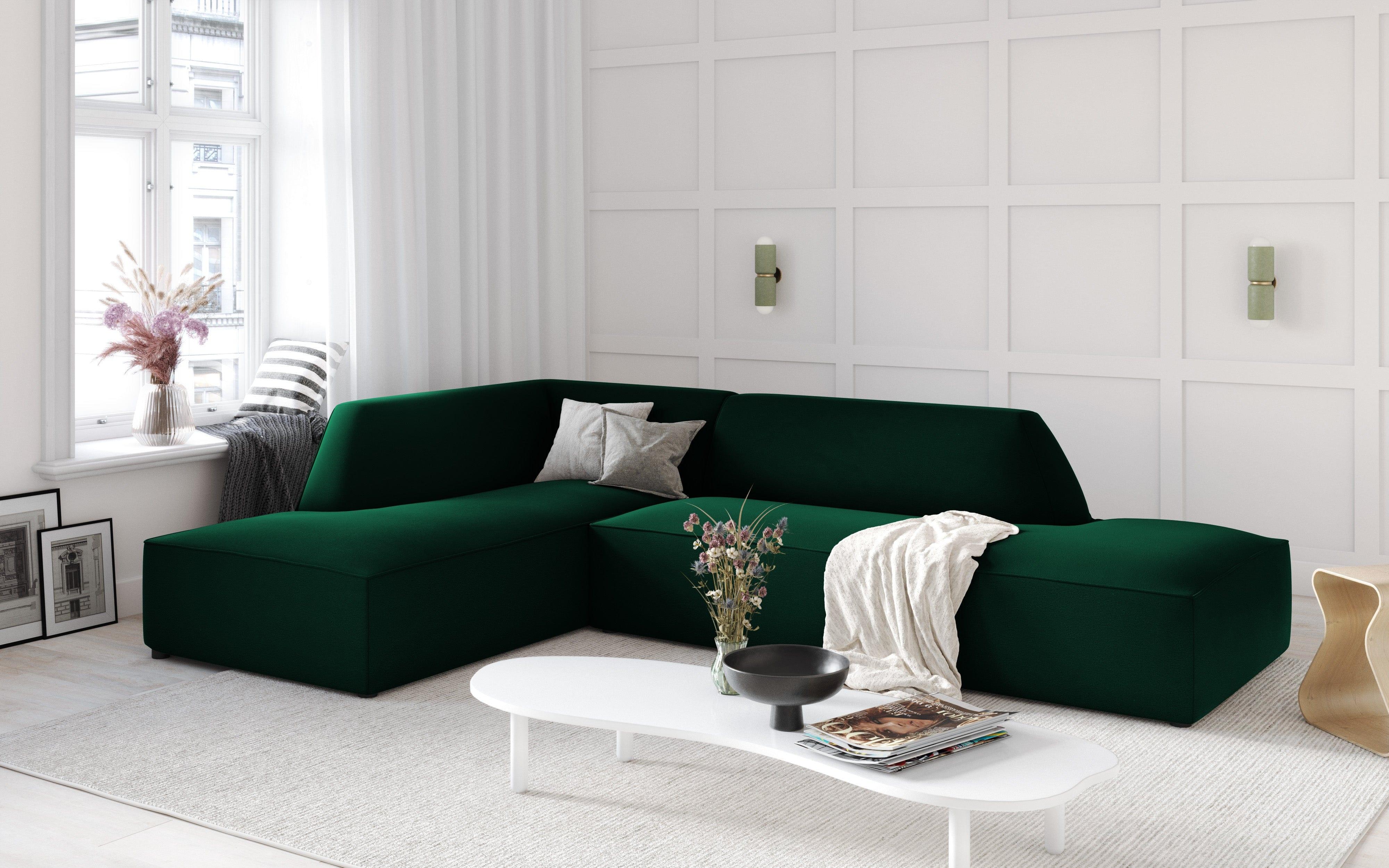 Sofa narożna aksamitna lewostronna RUBY butelkowa zieleń Micadoni Eye on Design