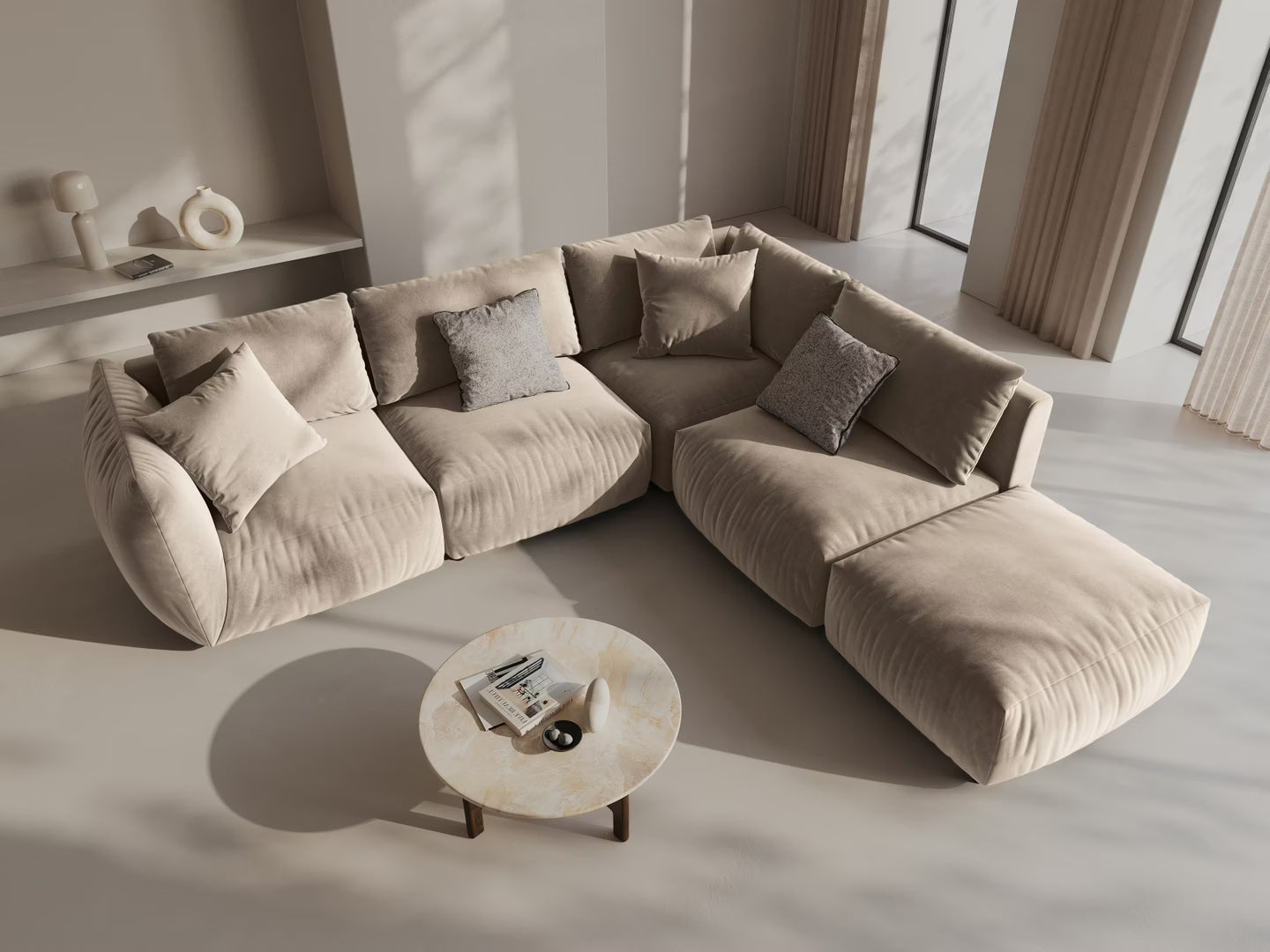 Modulárny sametový rohový gauč pre 4 osoby, ľavostranný CHRIS ecru