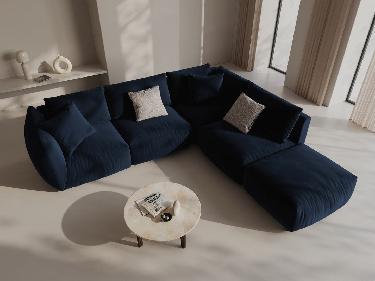 Modulový rohový gauč z jemného zamatového materiálu pre 4 osoby, pravostranný, CHRIS, kráľovsky modrý