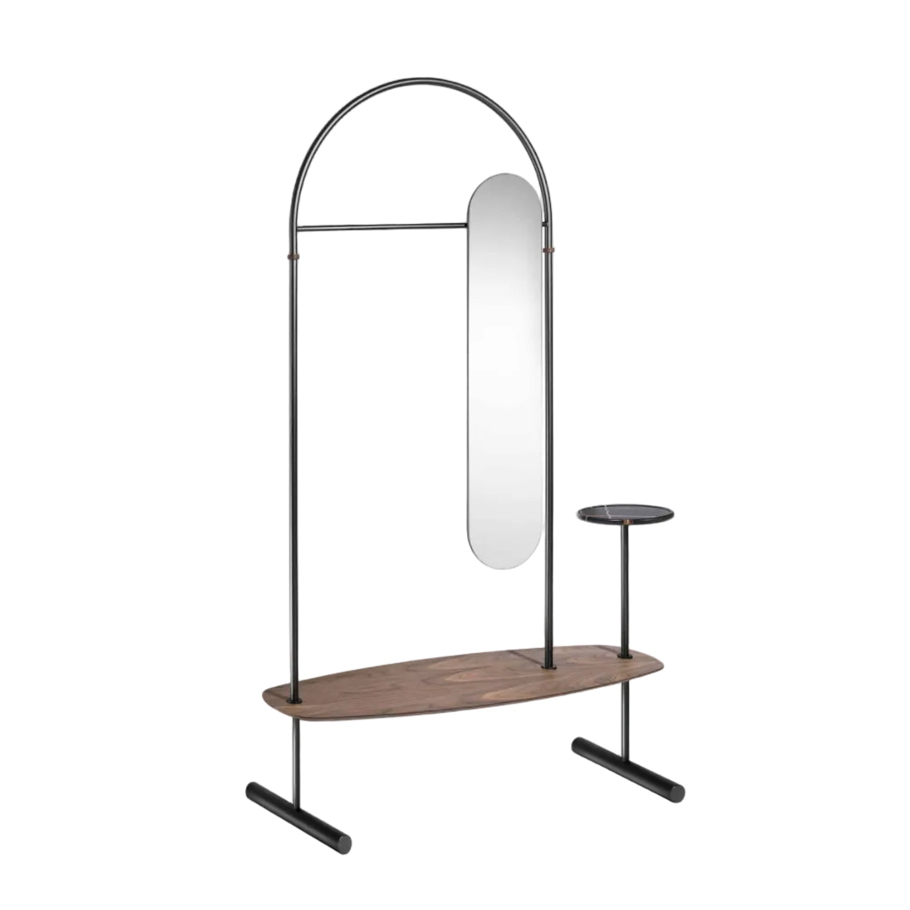 ARCO Coat Rack with Mirror, Walnut Wood with Black Finish