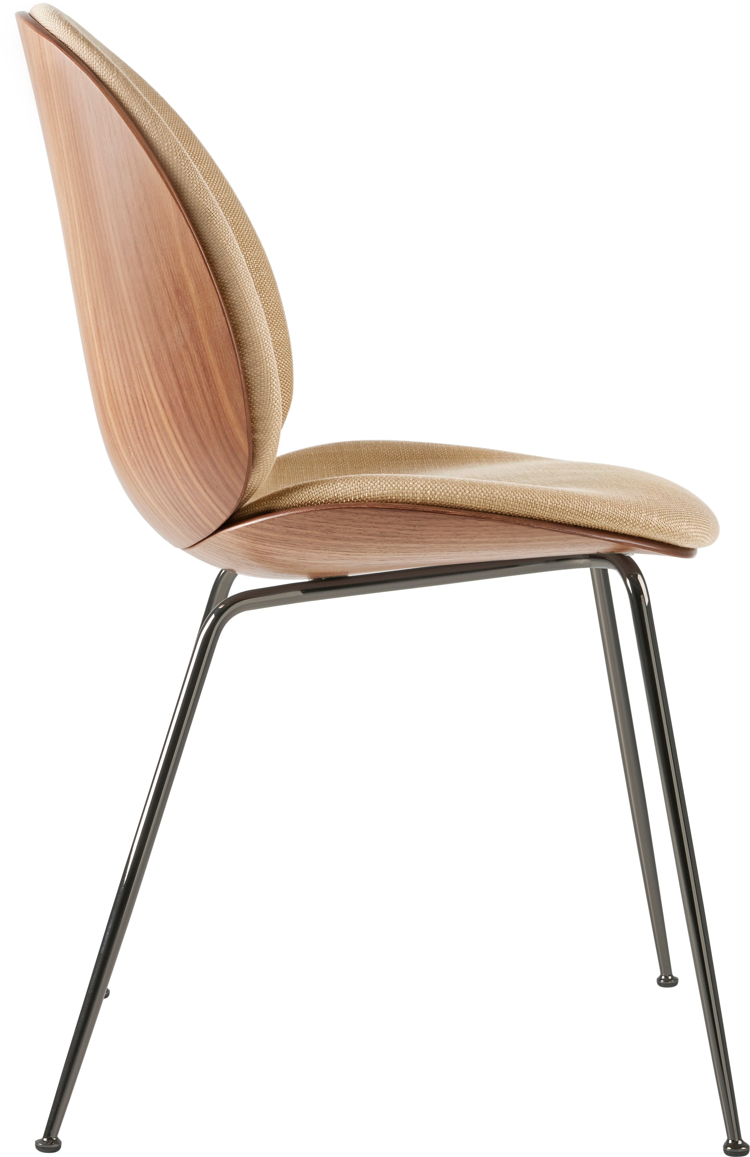 Krzesło BEETLE tapicerowane z drewnem orzechowym i czarną chromowaną podstawą