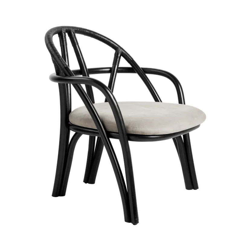 Kreslo BISTRA čalúnené s ratanovým ebenovým podstavcom