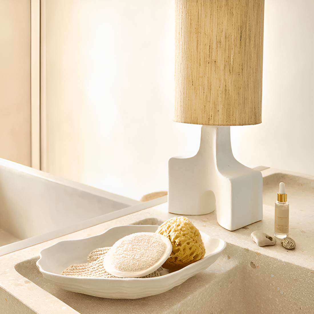 Hikari table lamp Ceramic base with a sand lampshade
