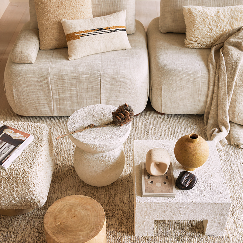 Pouf Kaura cotton with a wooden base