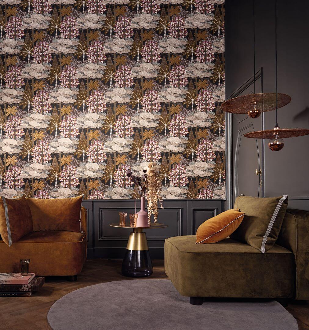 Metallic Wallpaper with Plant Motif MARAKANDA - PASTEL/DORE White with Gold