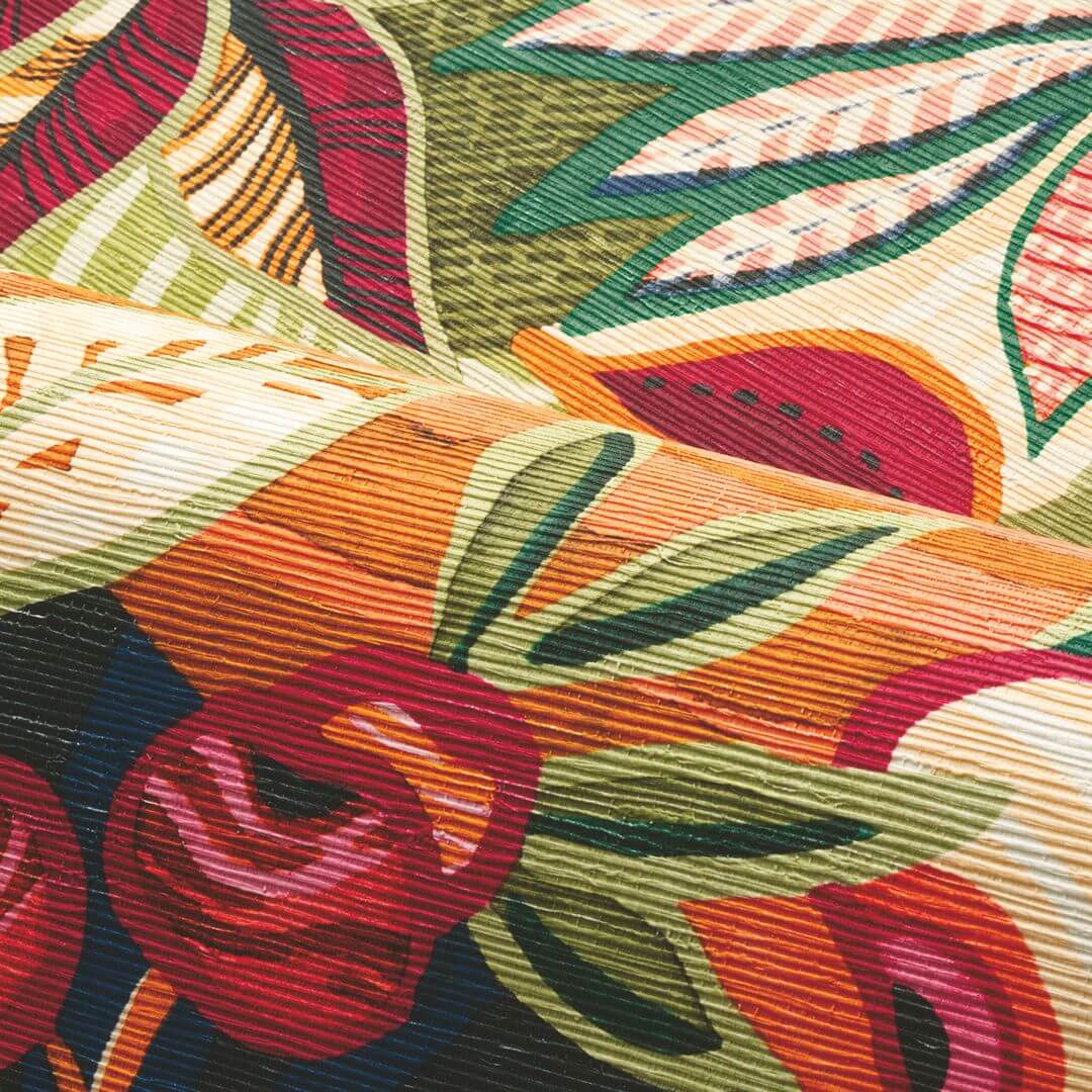 Vinyl wallpaper on fleece with a plant motif TEHUANA - MULTICO green with mustard and burgundy
