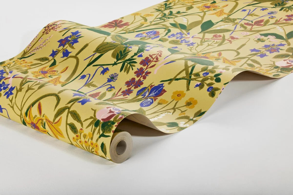 Wallpaper with a floral plant motif ROS OCH LILJA yellow
