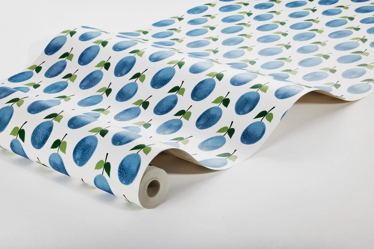 White PRUNUS Fruit Plant Motif Wallpaper with Blue