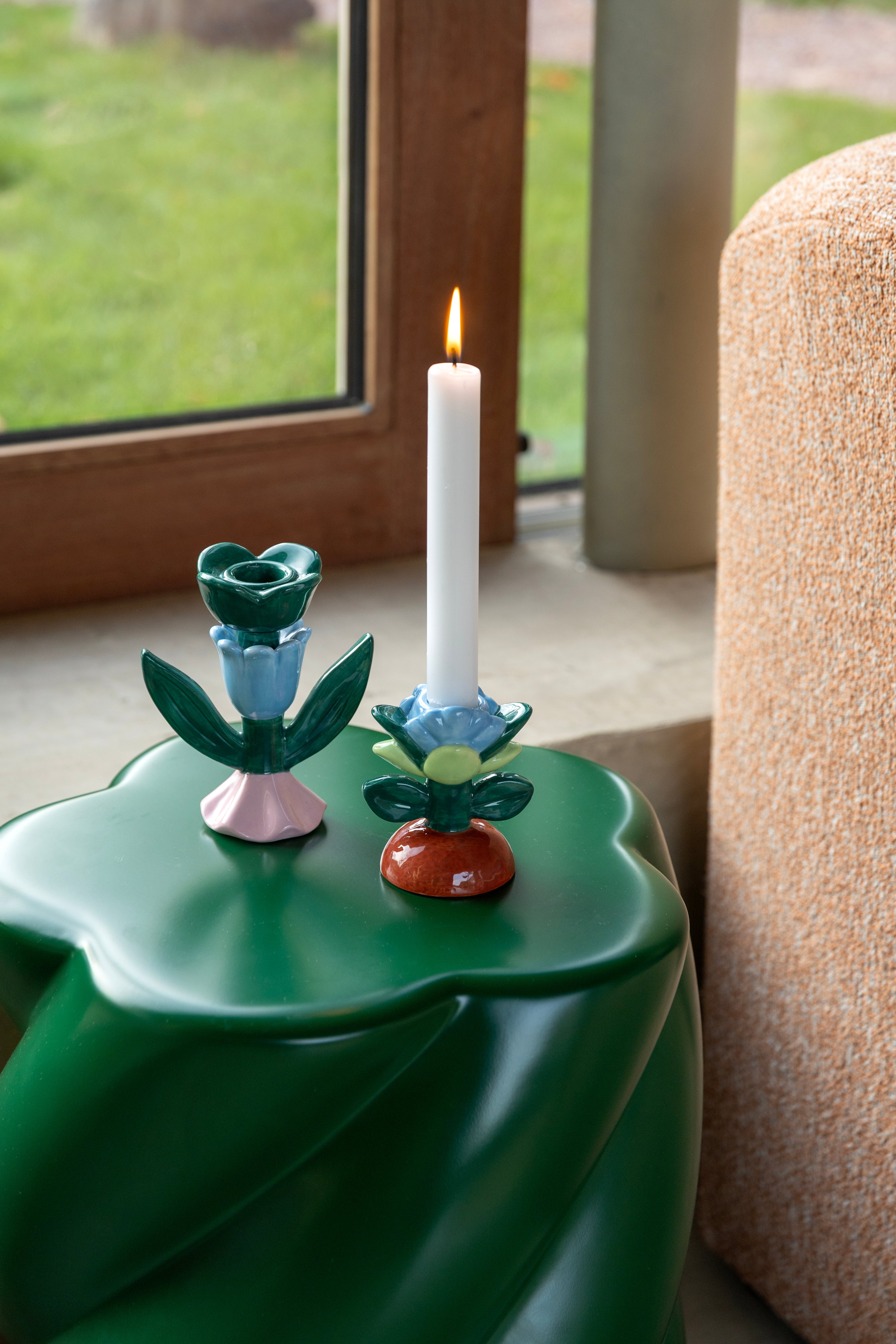 BLUME Candle Holder in Green with Blue and Pink