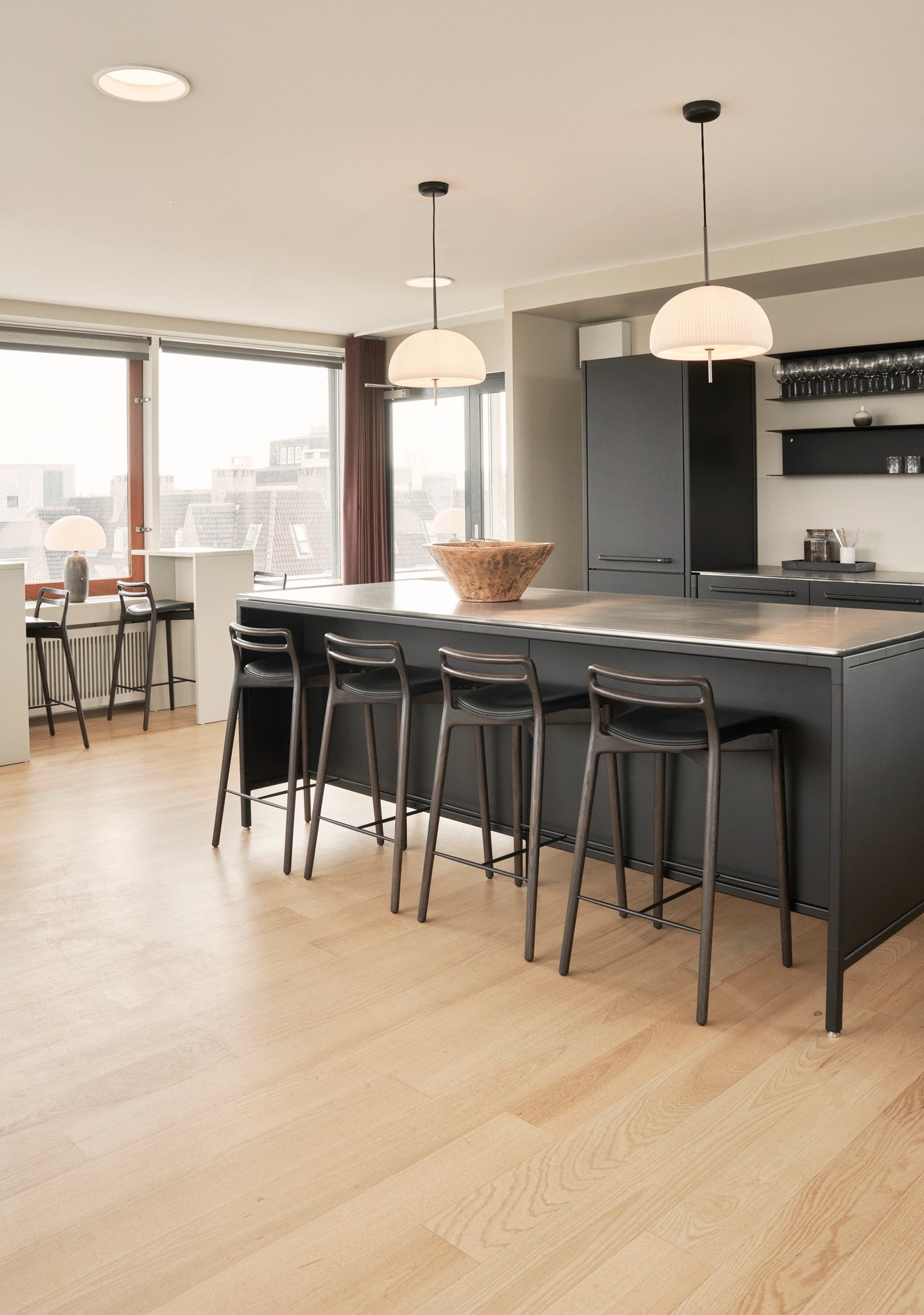 CABIN Stool black leather with dark oak base