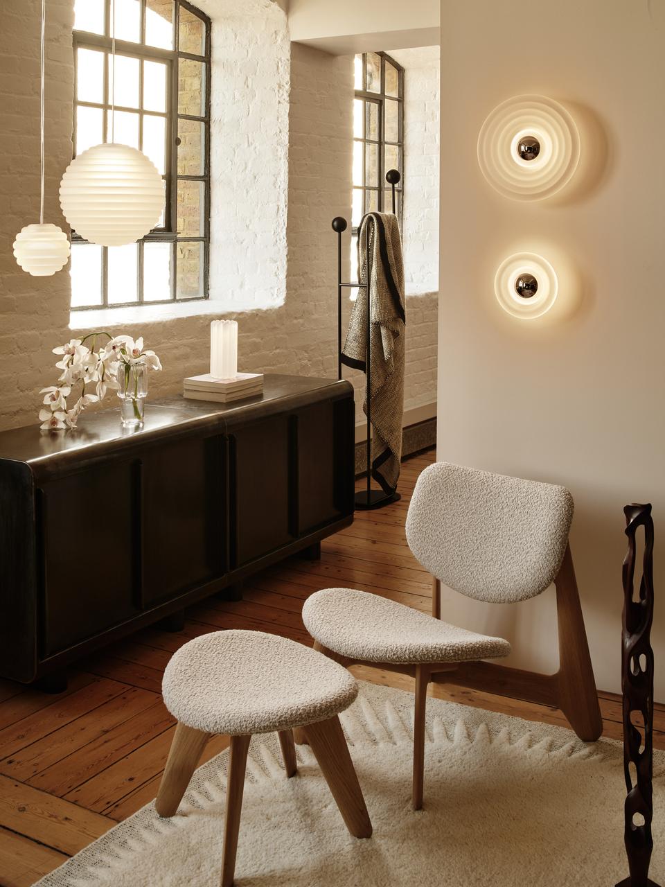 Beige Boucle SLAB Footrest with Oak Base