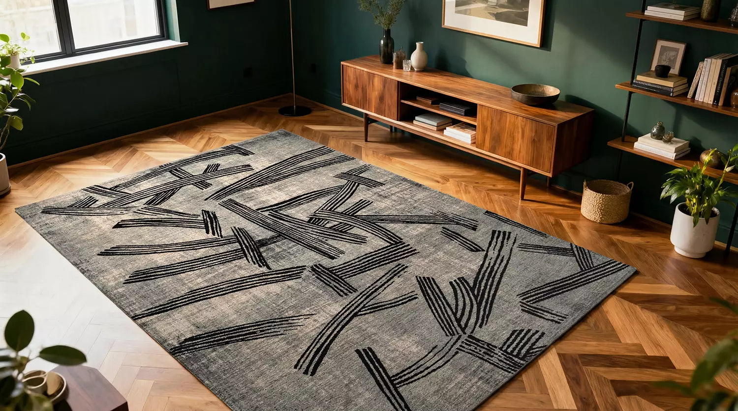 Koberec KANJI šedý s čiernou a béžovou