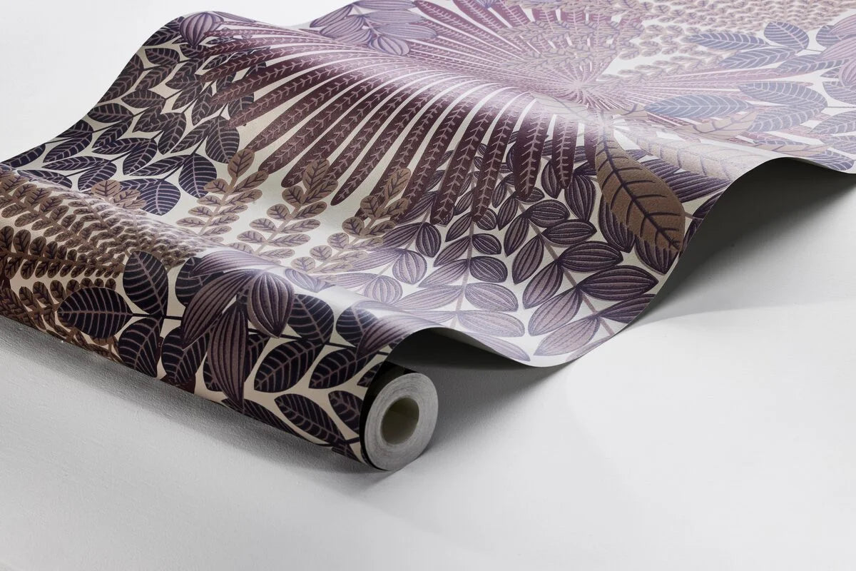 Tapeta s rastlinným motívom listov VELVET LEAVES fialová s béžovou