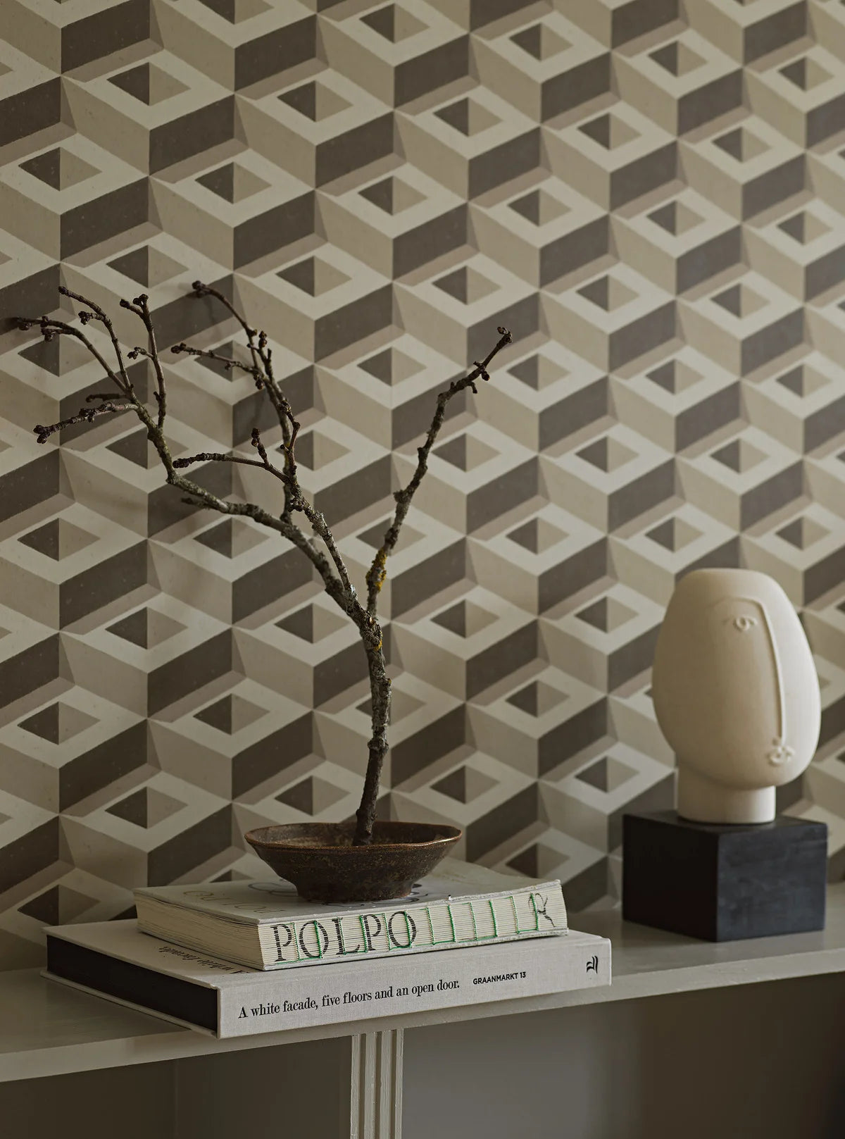 Múrova tapeta s geometrickým motívom 3D BOXES béžová s hnedou