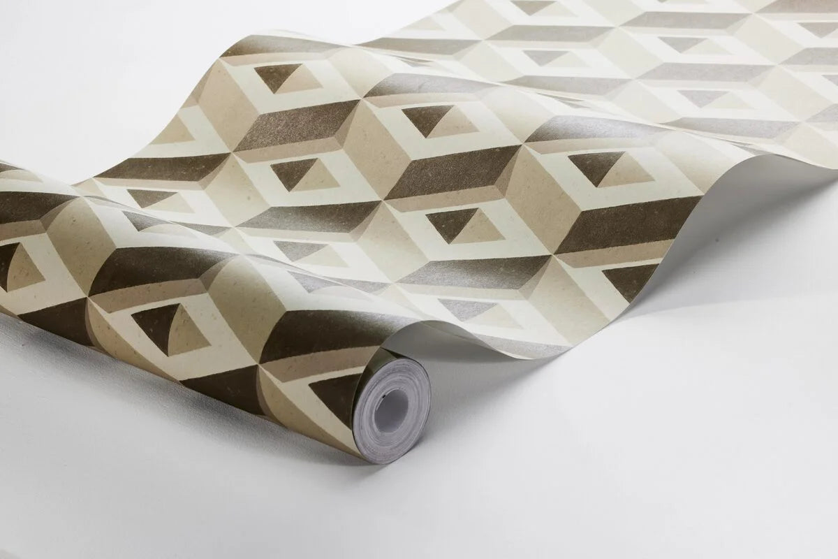 Múrova tapeta s geometrickým motívom 3D BOXES béžová s hnedou