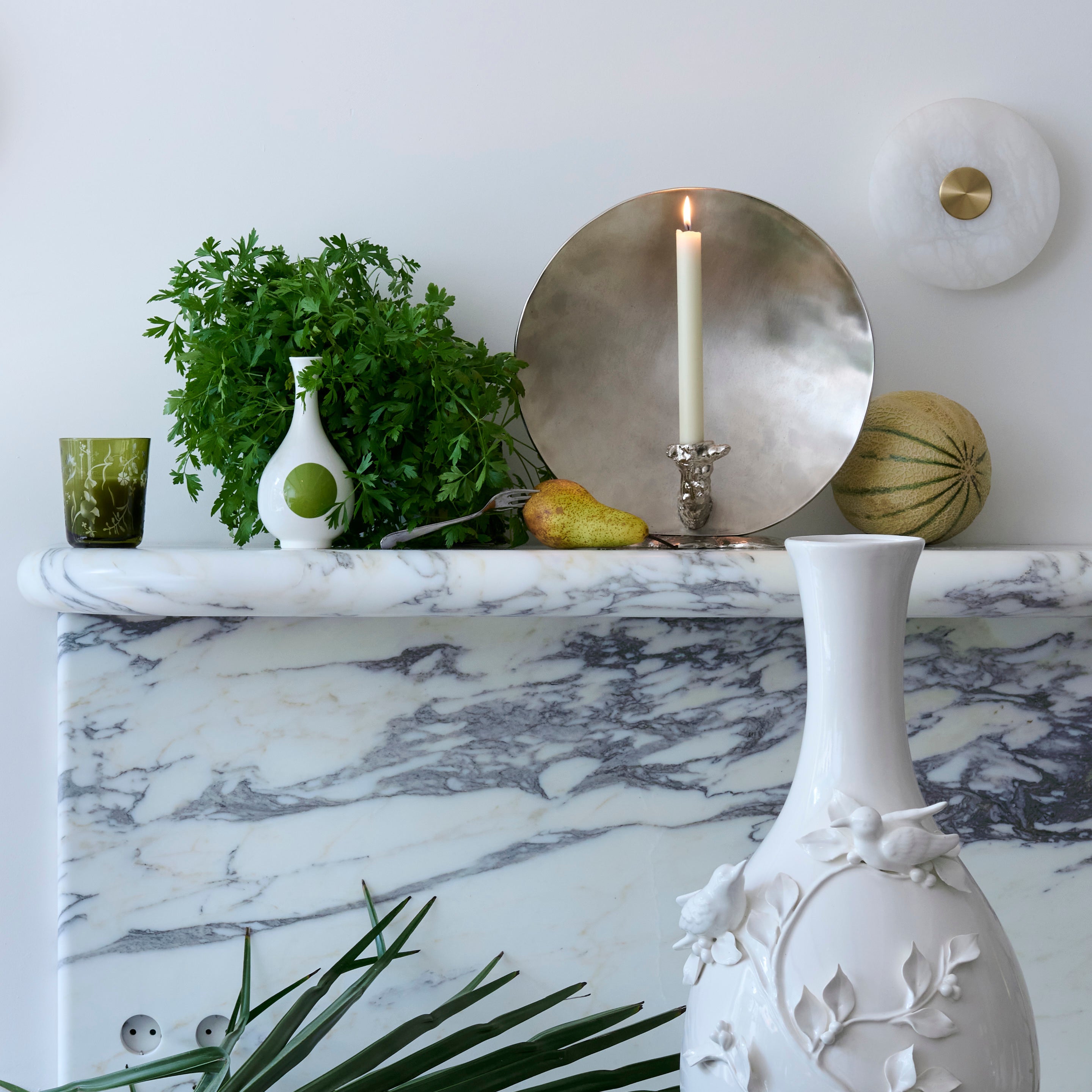 SMALL BIRD White Vase with Olive and Blue