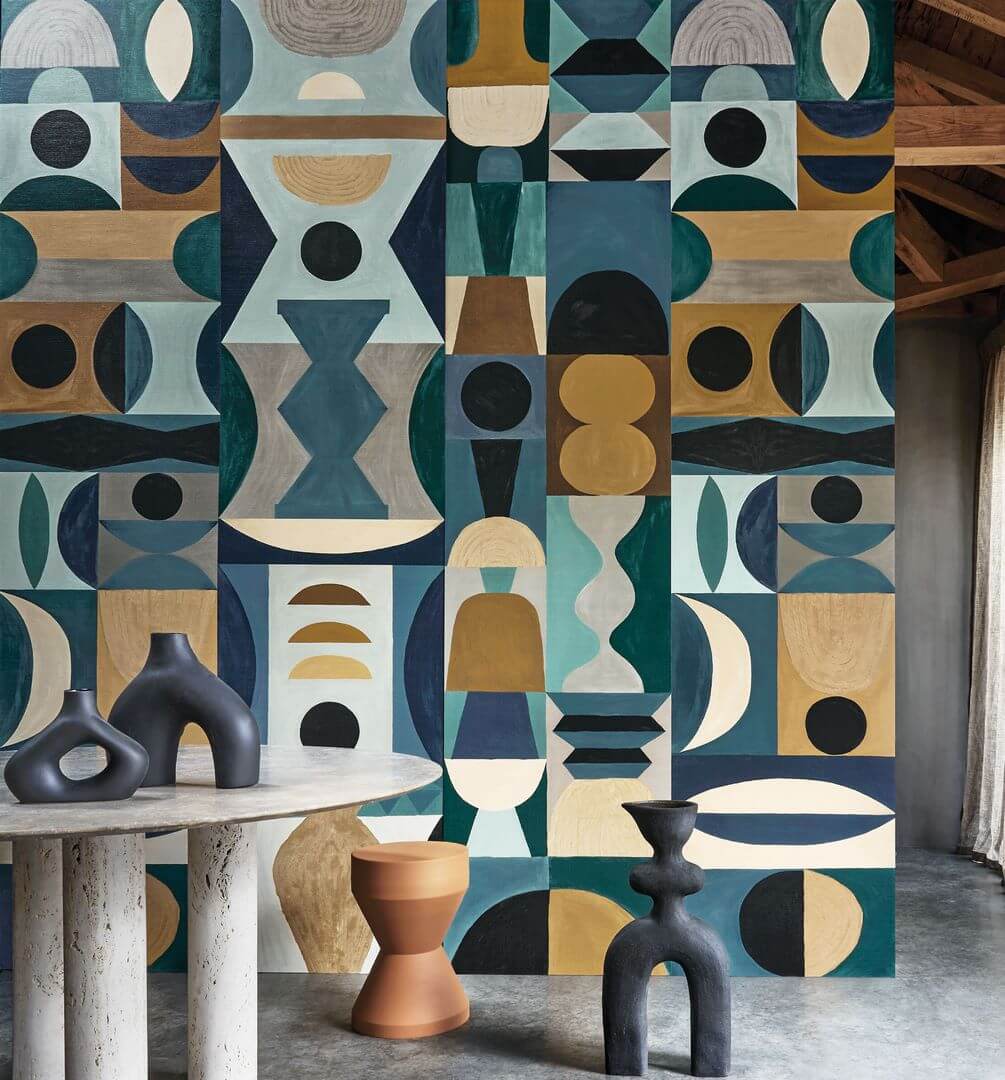 Mural with geometric pattern MODELAGE - BLUE/CELEDON blue with celadon