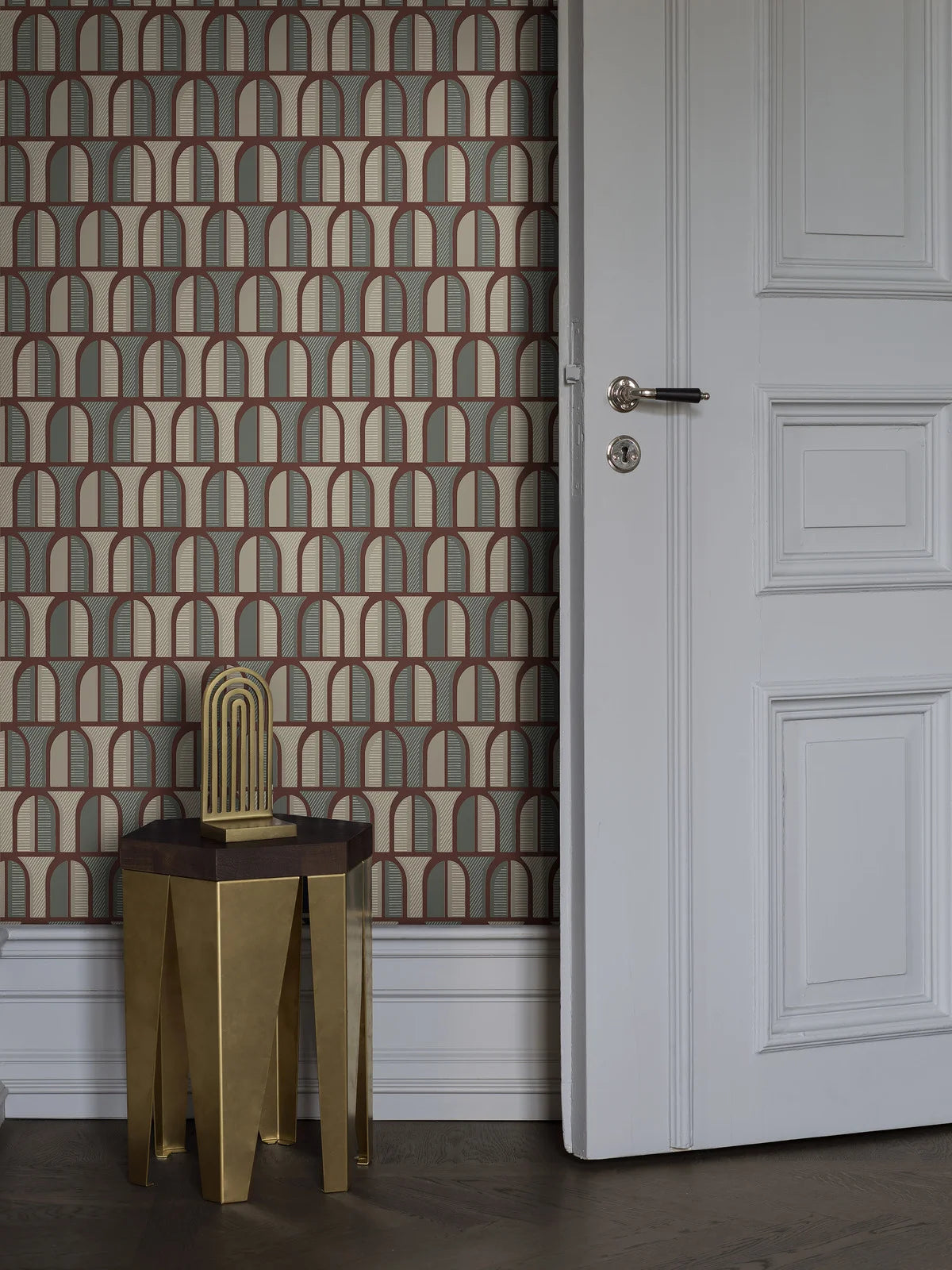 Papierová flizelínová tapeta s geometrickým vzorom VENICE zelená s béžovou