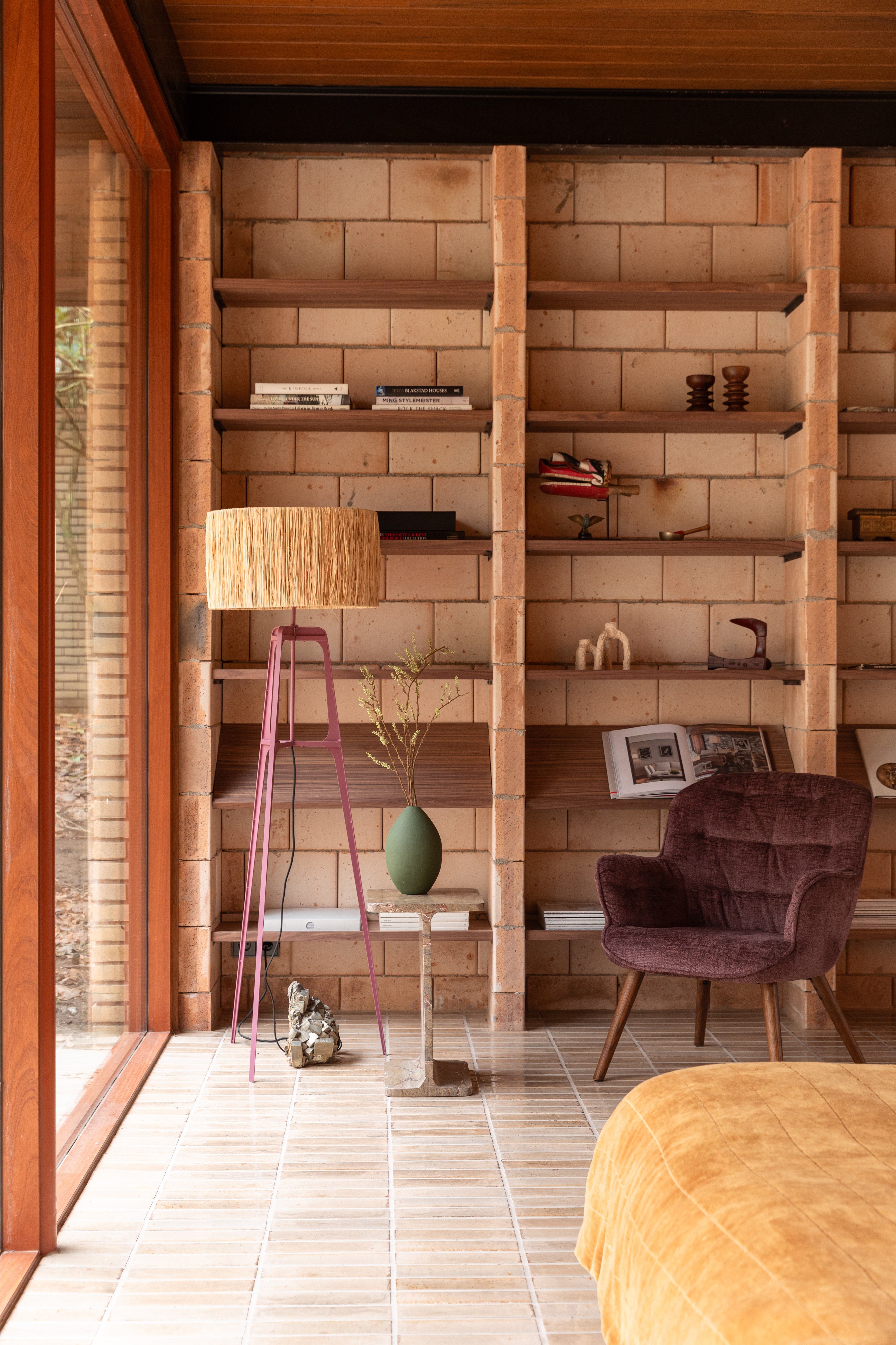 LENN Plum Velvet Armchair with Wooden Base