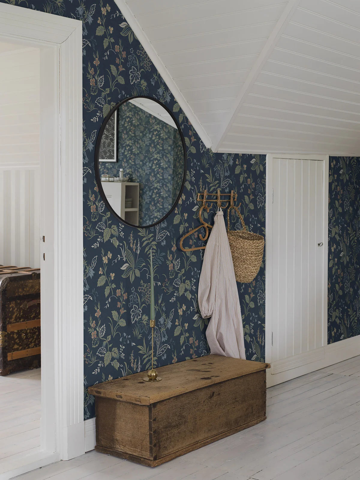 Folklore Blue and Green Floral Pattern Wallpaper