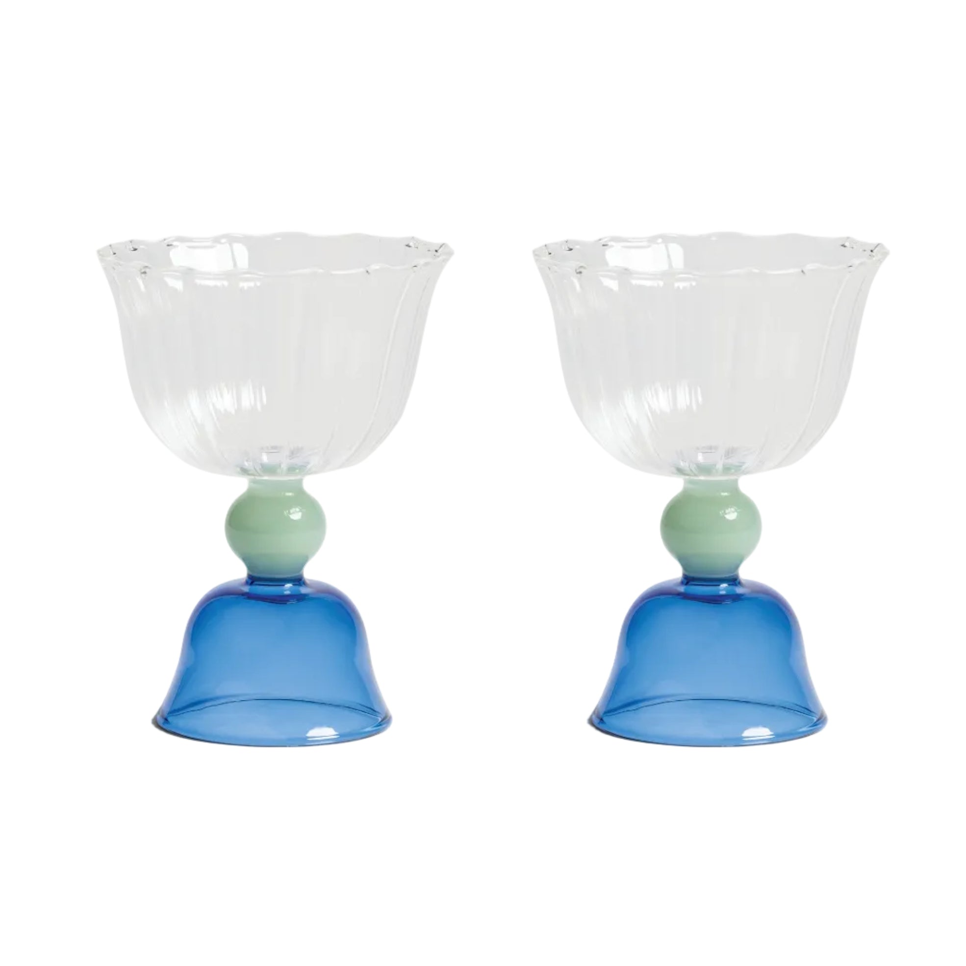 Set of glass tulip-shaped goblets blue with green