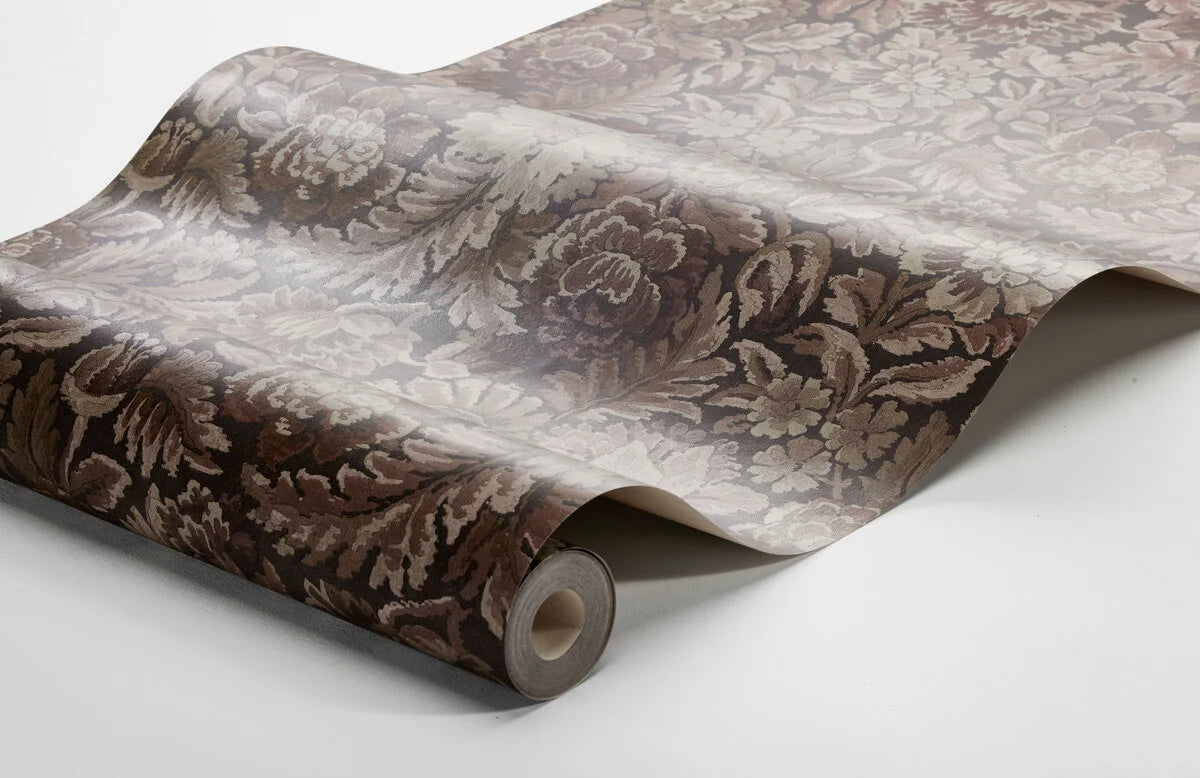 Tapeta s rastlinným vzorom kvetov NIGHTINGALE GARDEN bordová s béžovou