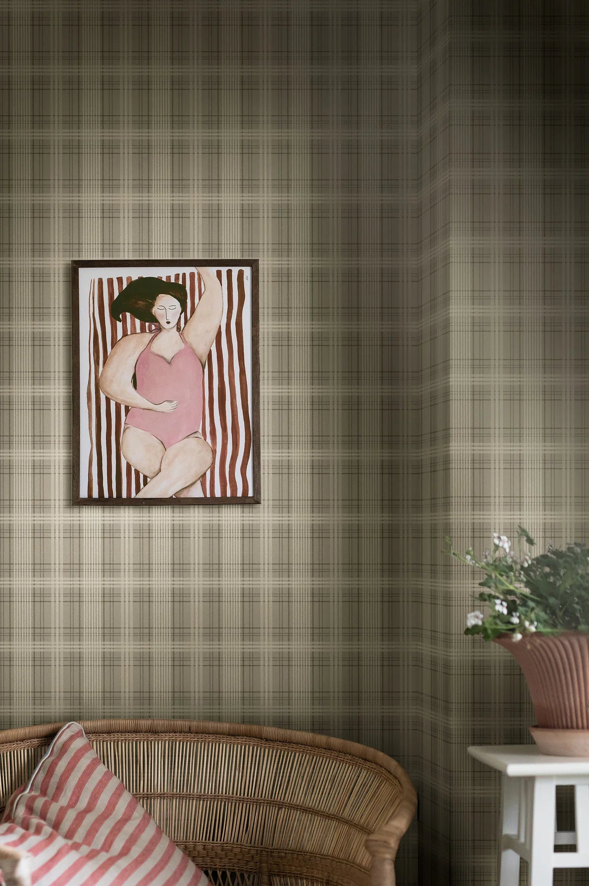 Tapeta s geometrickým vzorom v škótskej kocke TAILOR’S TWEED tlmená zelená s béžovou