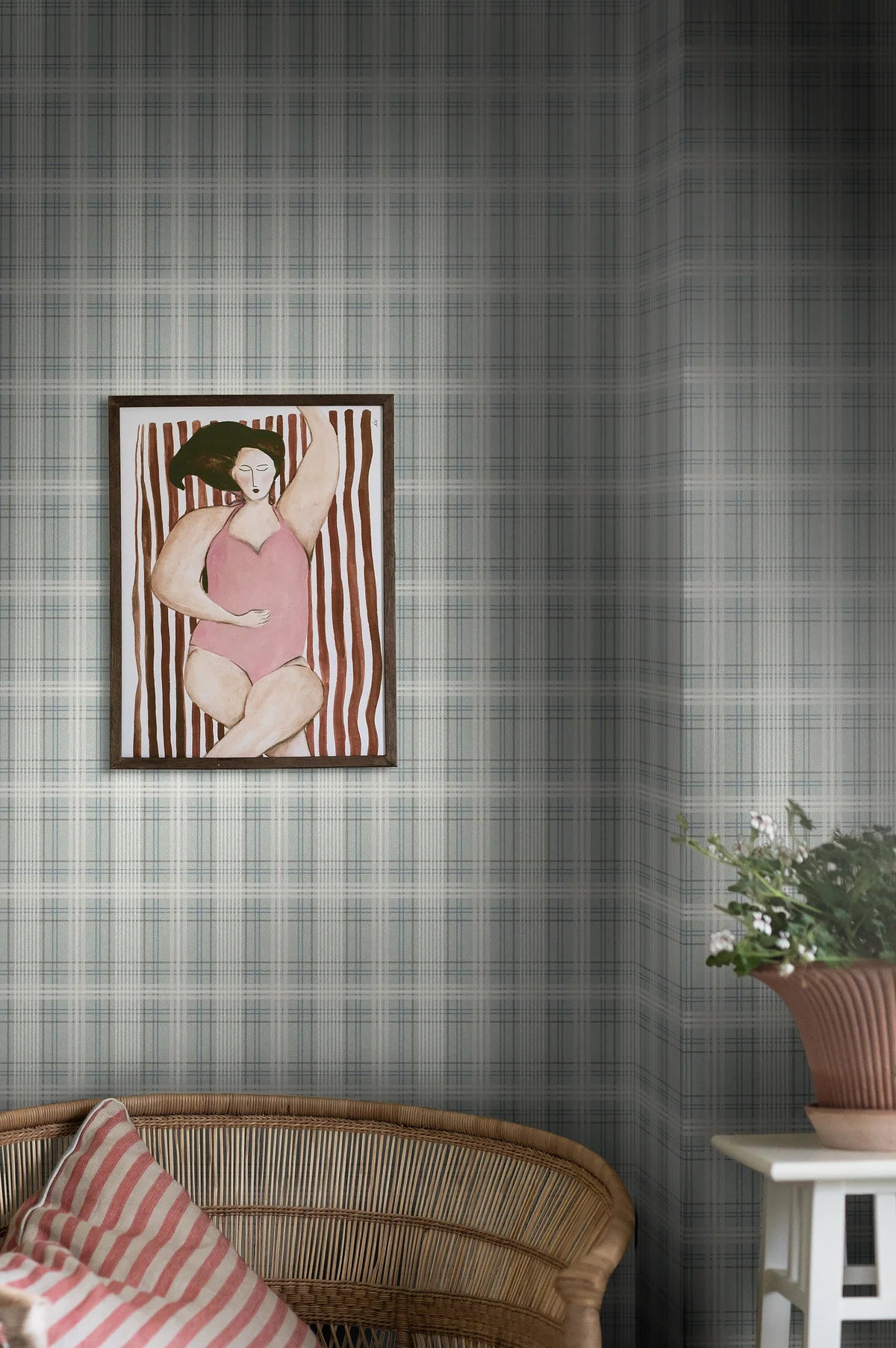 Tapeta s geometrickým vzorom v škótskej kocke TAILOR’S TWEED tyrkysová s béžovou