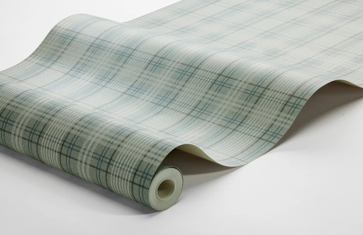 Tapeta s geometrickým vzorom v škótskej kocke TAILOR’S TWEED tyrkysová s béžovou