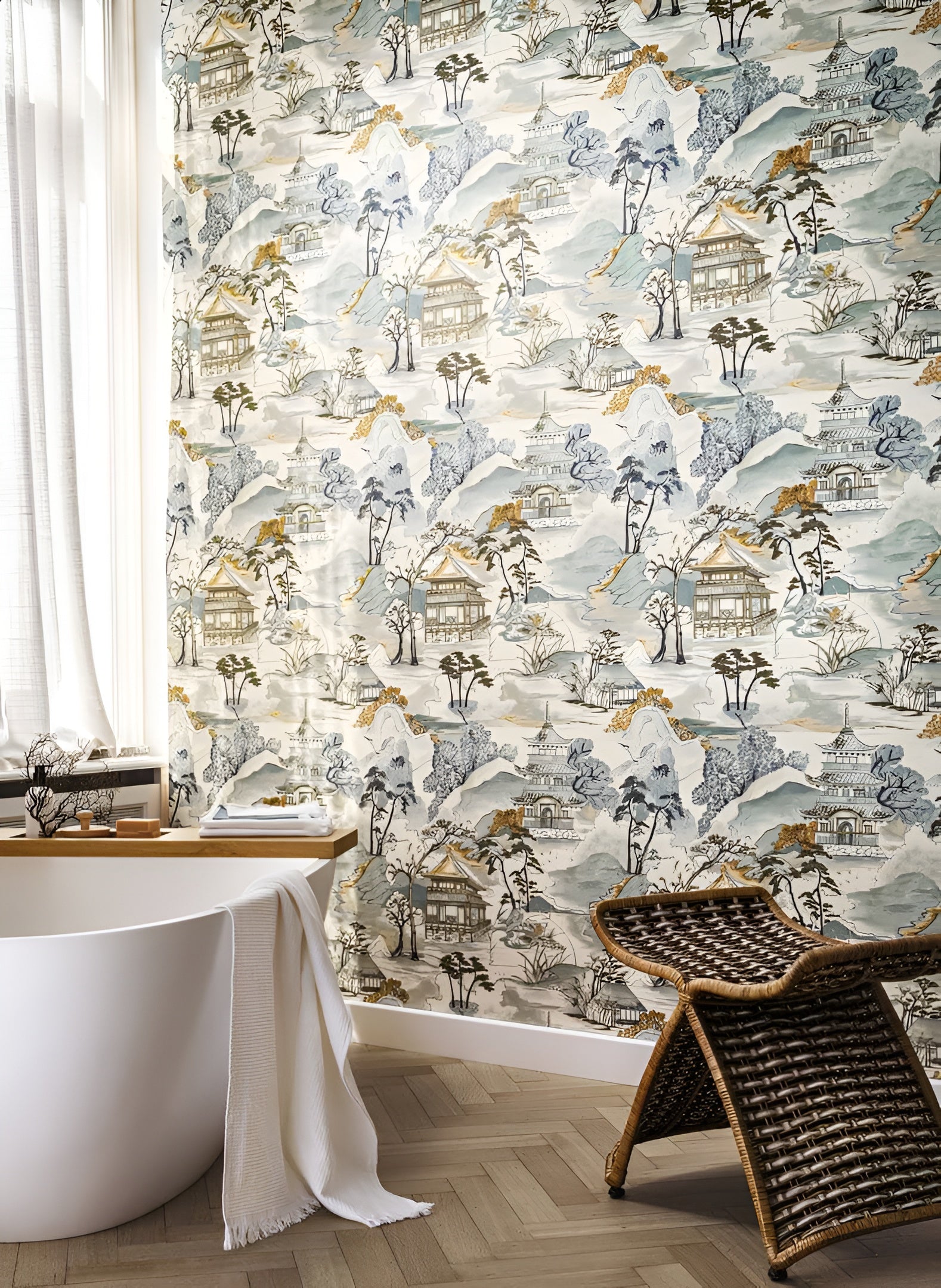 Tapeta štrukturálna s orientálnou krajinou NARA - BLANC/CELADON biela so seledínovou