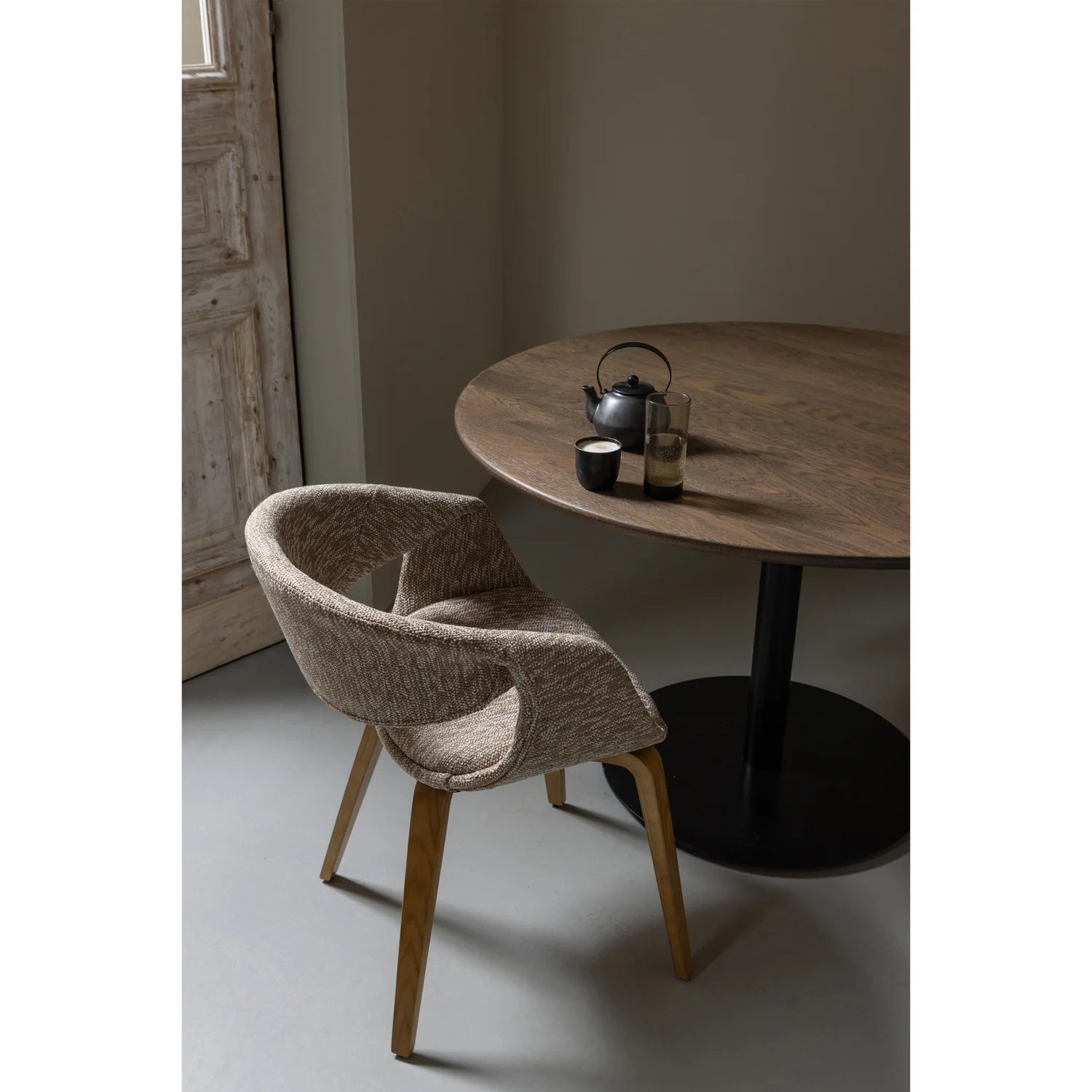 YOSSI Armchair in Beige with Light Brown Wooden Base