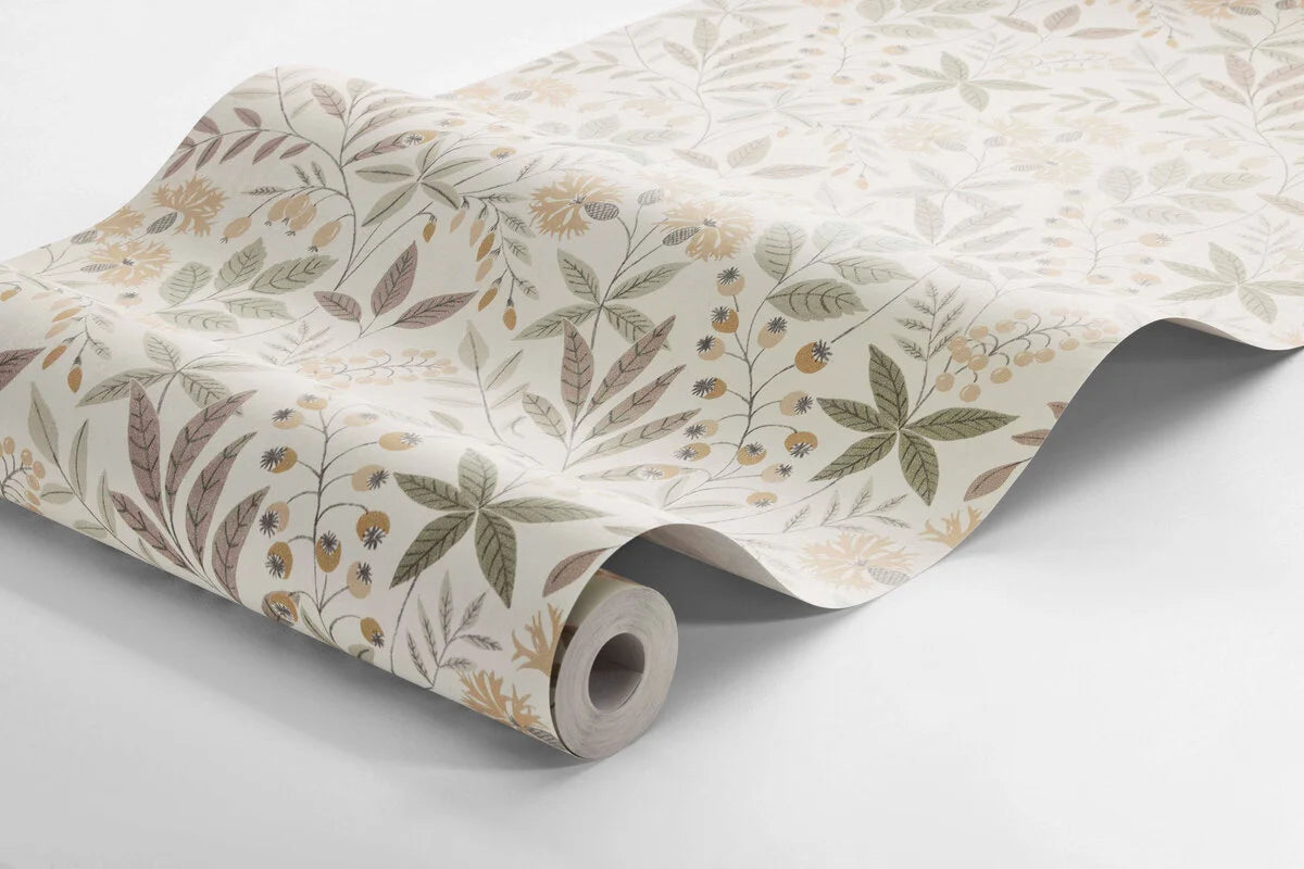 Papierová flizelínová tapeta s rastlinným vzorom VILMA svetlo béžová so zelenou a žltou