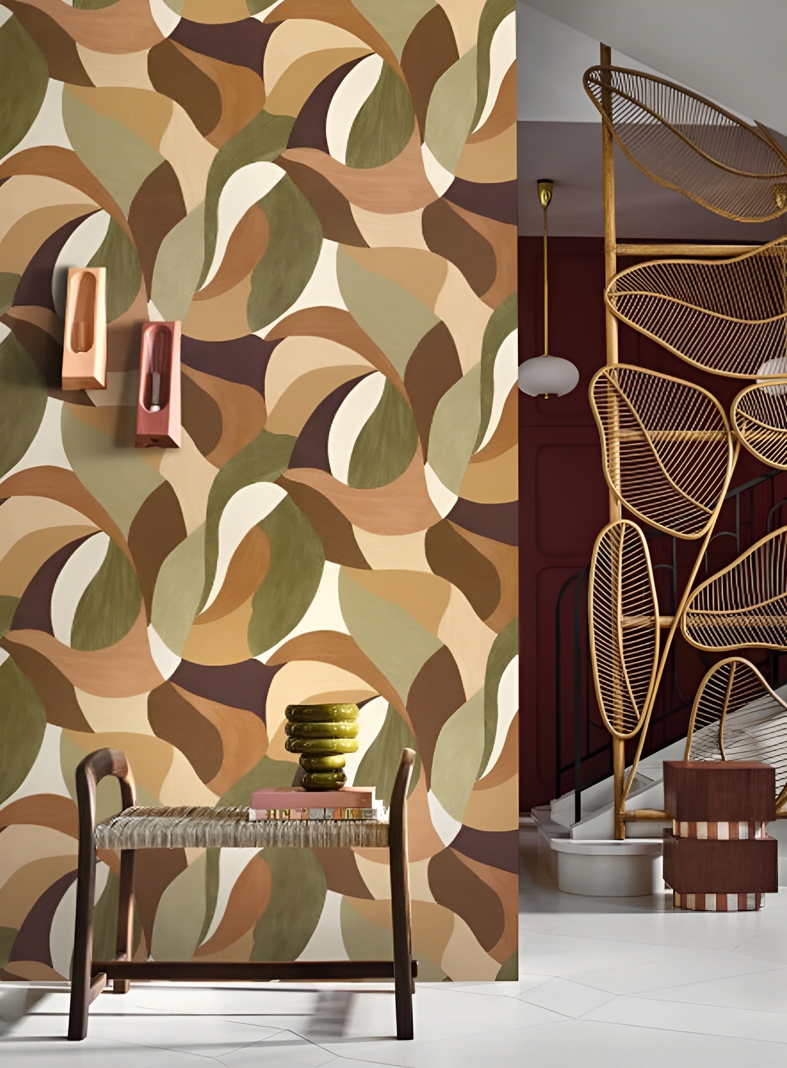 Abstract plant motif wallpaper in MANDORLA leaves - KAKI/TERRACOTTA khaki with terracotta
