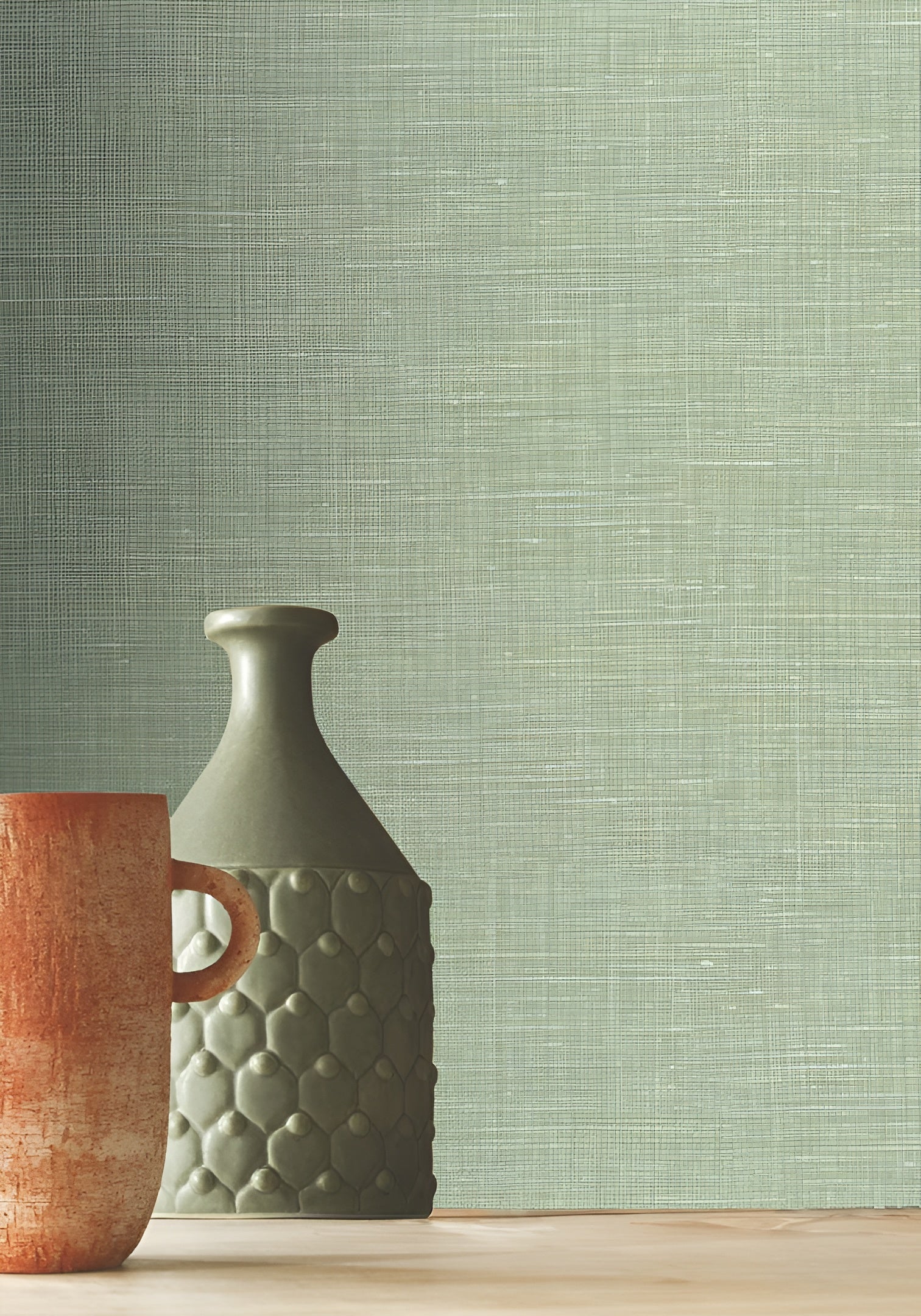 Structural wallpaper imitating linen canvas SHINOK - VERT FUME burnt green