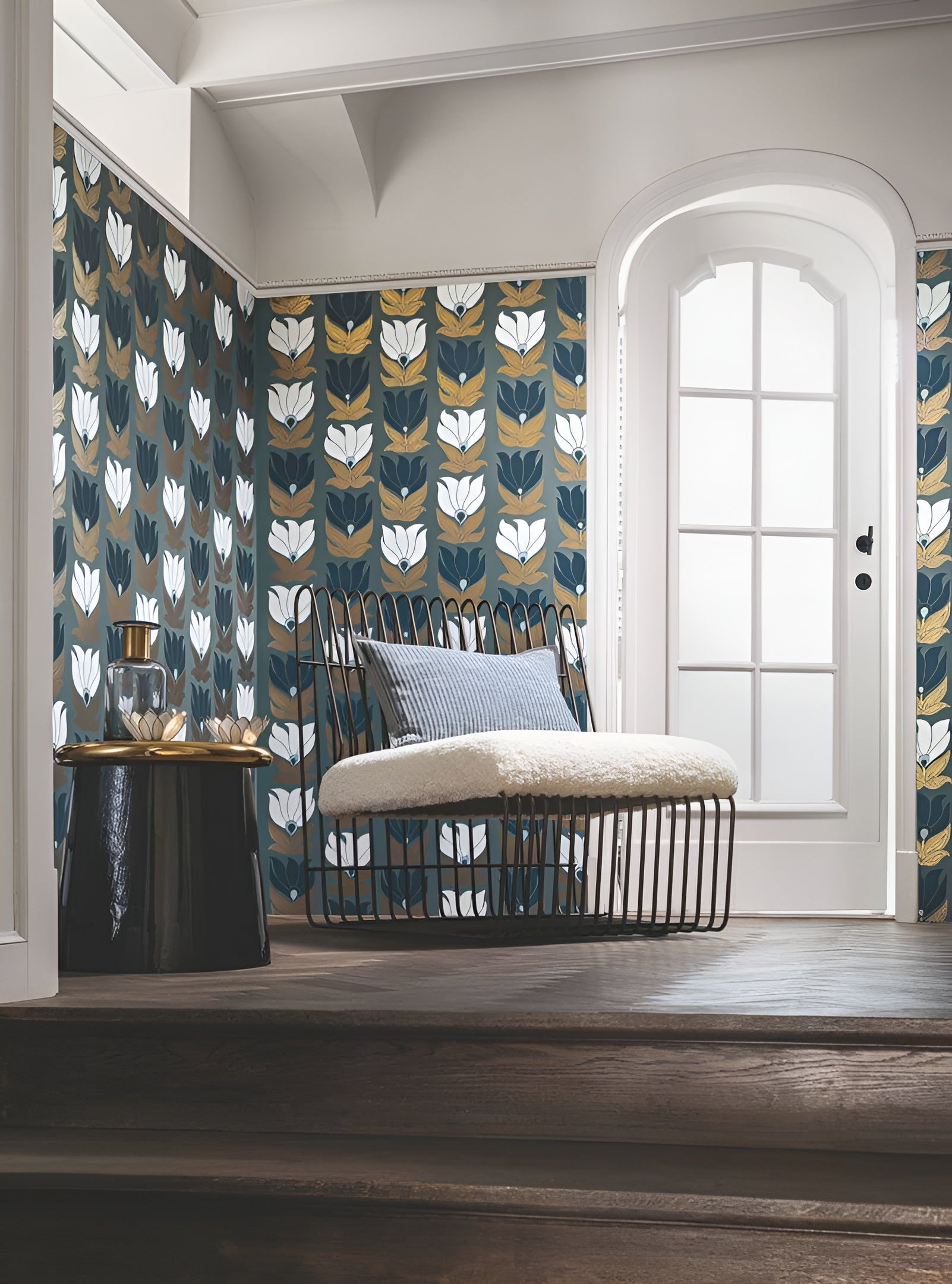 Wallpaper with a floral plant motif DAUPHINE - GREEN WITH GOLD/BLUE