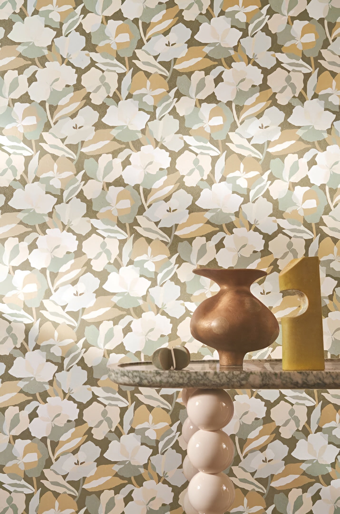 Amaryllis Floral Pattern Wallpaper - Marine/Gold Green with Beige